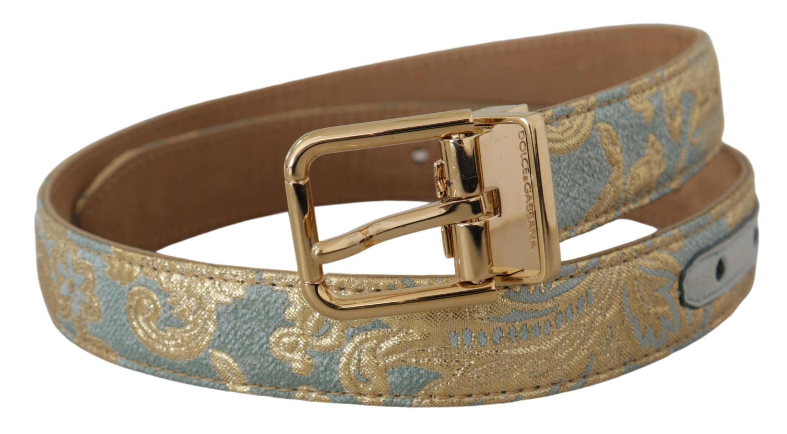 Dolce & Gabbana blue leather jacquard belt with embossed gold metal buckle-2