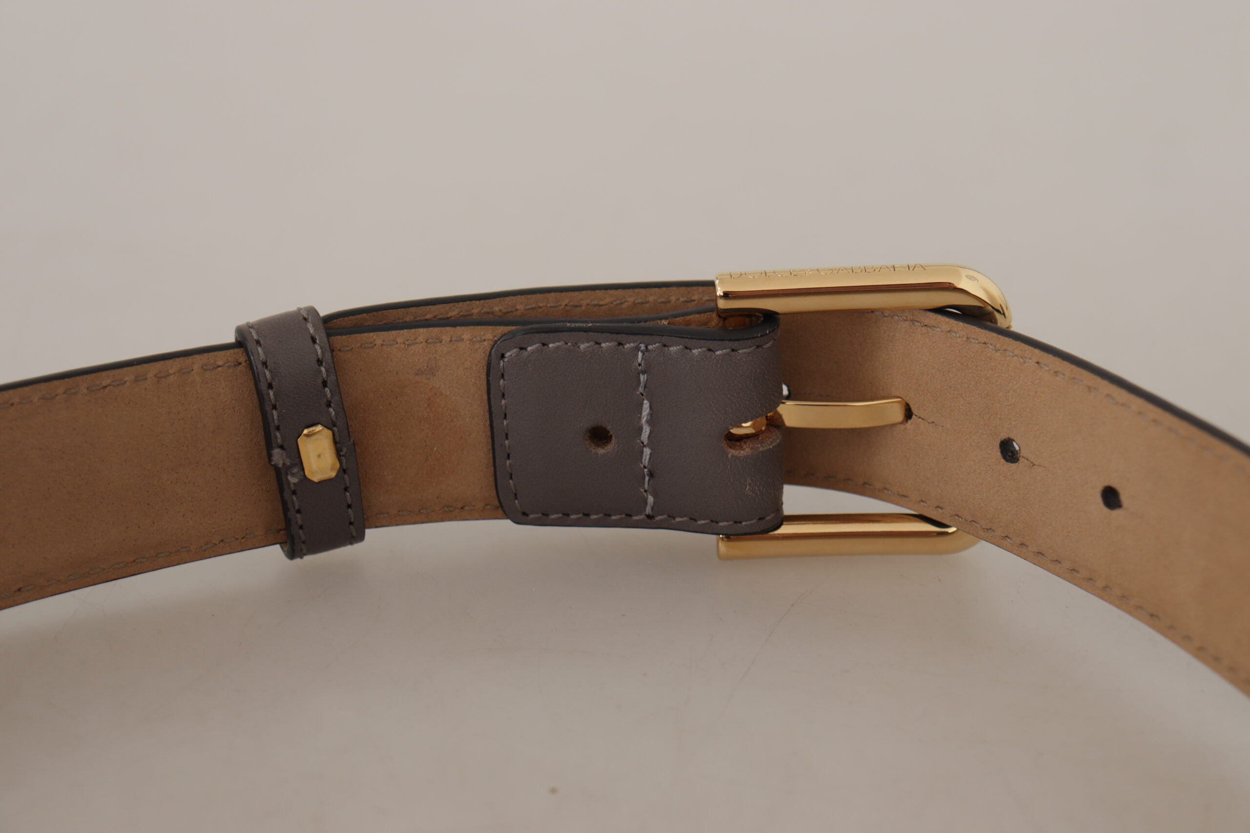 Dolce & Gabbana grey calfskin leather belt with gold metal logo buckle-6