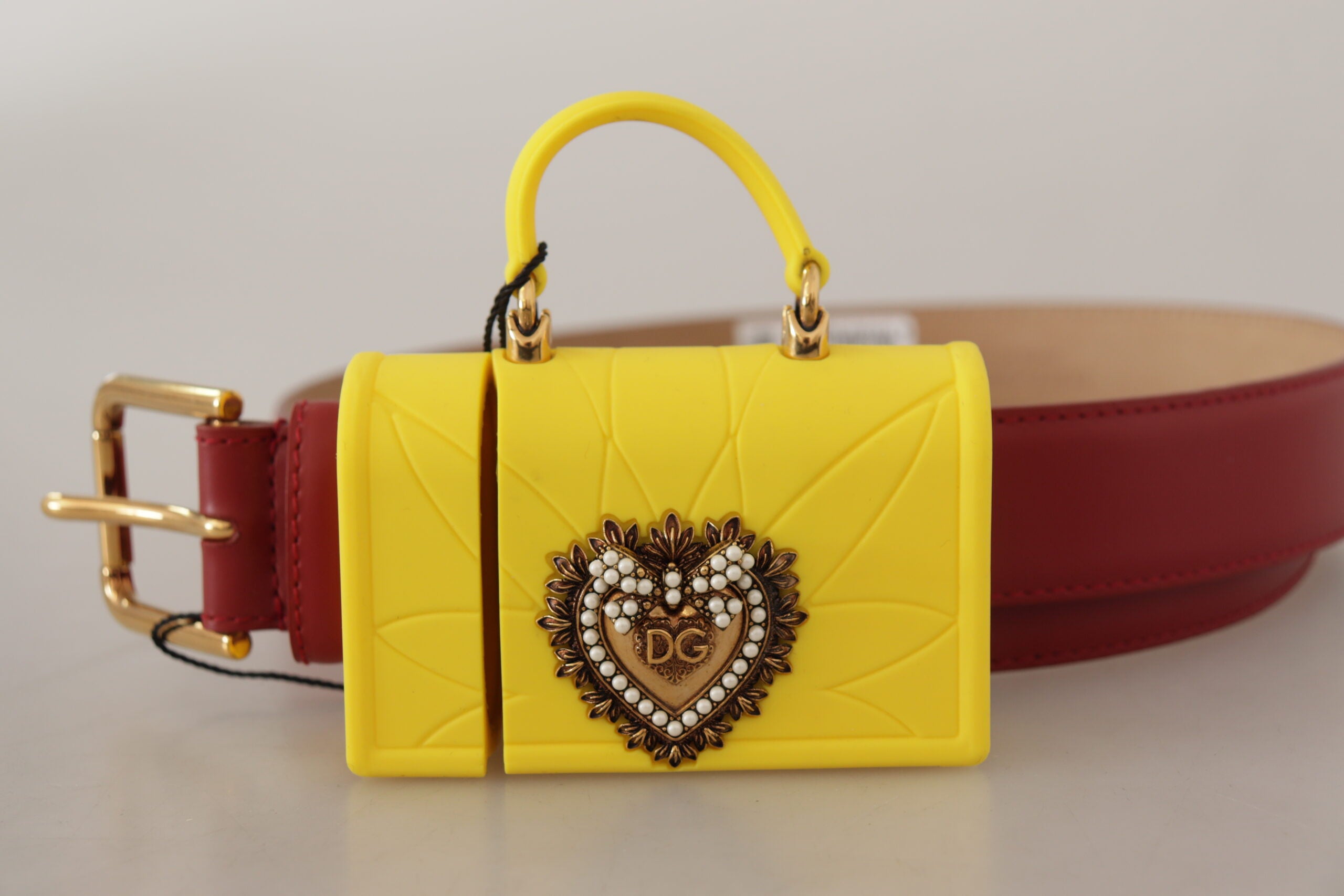 Dolce & Gabbana Red Leather Yellow DEVOTION Heart Bag Buckle Belt-5