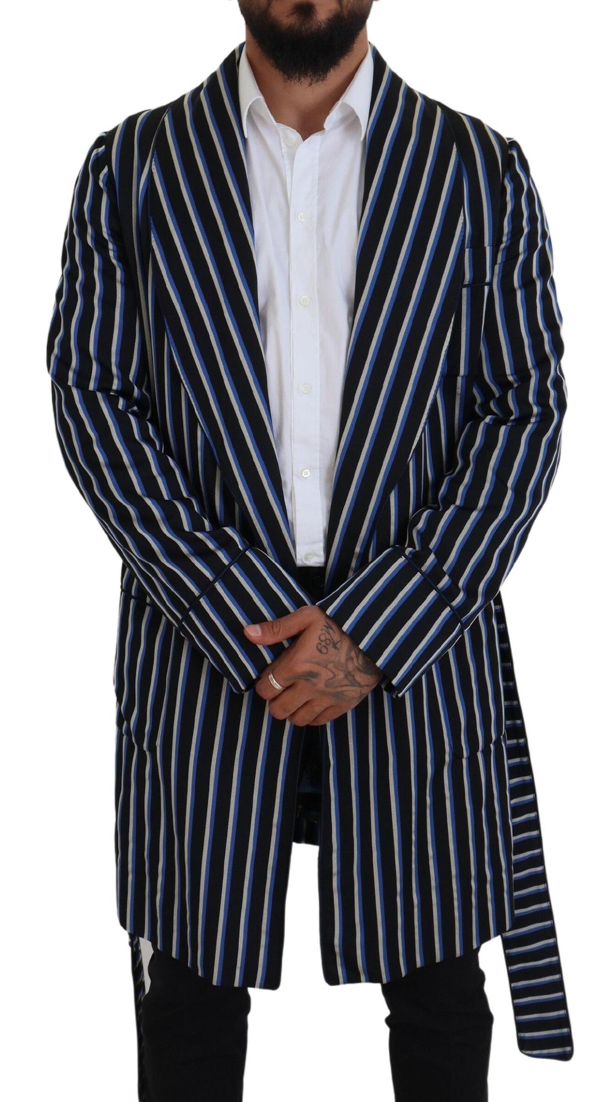 Dolce & Gabbana Schwarzblauer Martini-Bademantel mit bedrucktem Futter-5