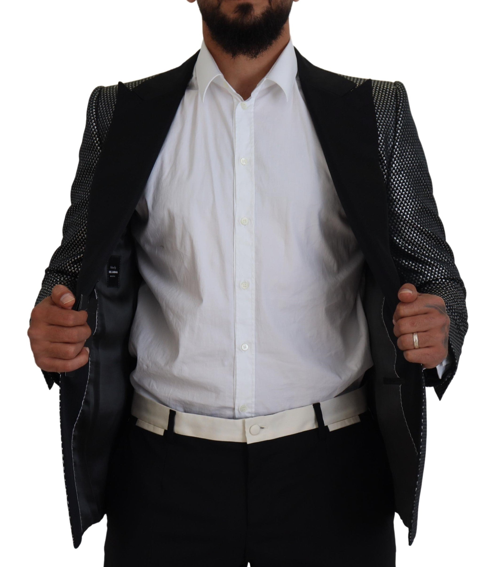 Dolce & Gabbana Black Silver Jacquard Slim Fit Jacket Blazer-3