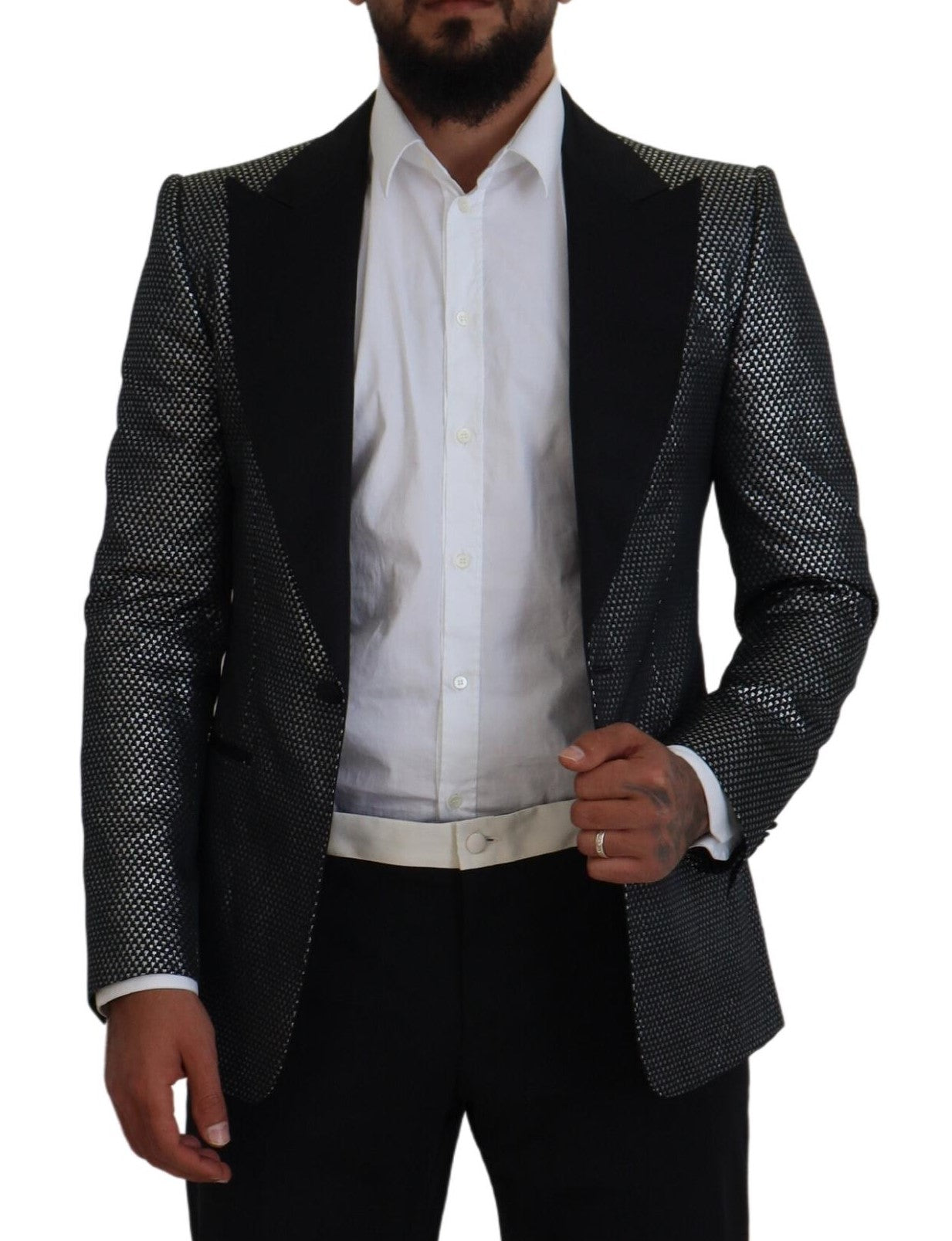 Dolce & Gabbana Black Silver Jacquard Slim Fit Jacket Blazer-4