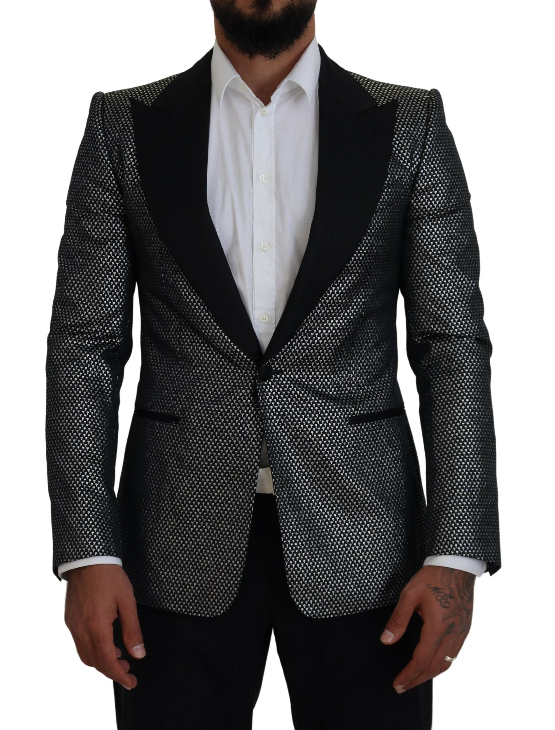 Dolce & Gabbana Black Silver Jacquard Slim Fit Jacket Blazer-1