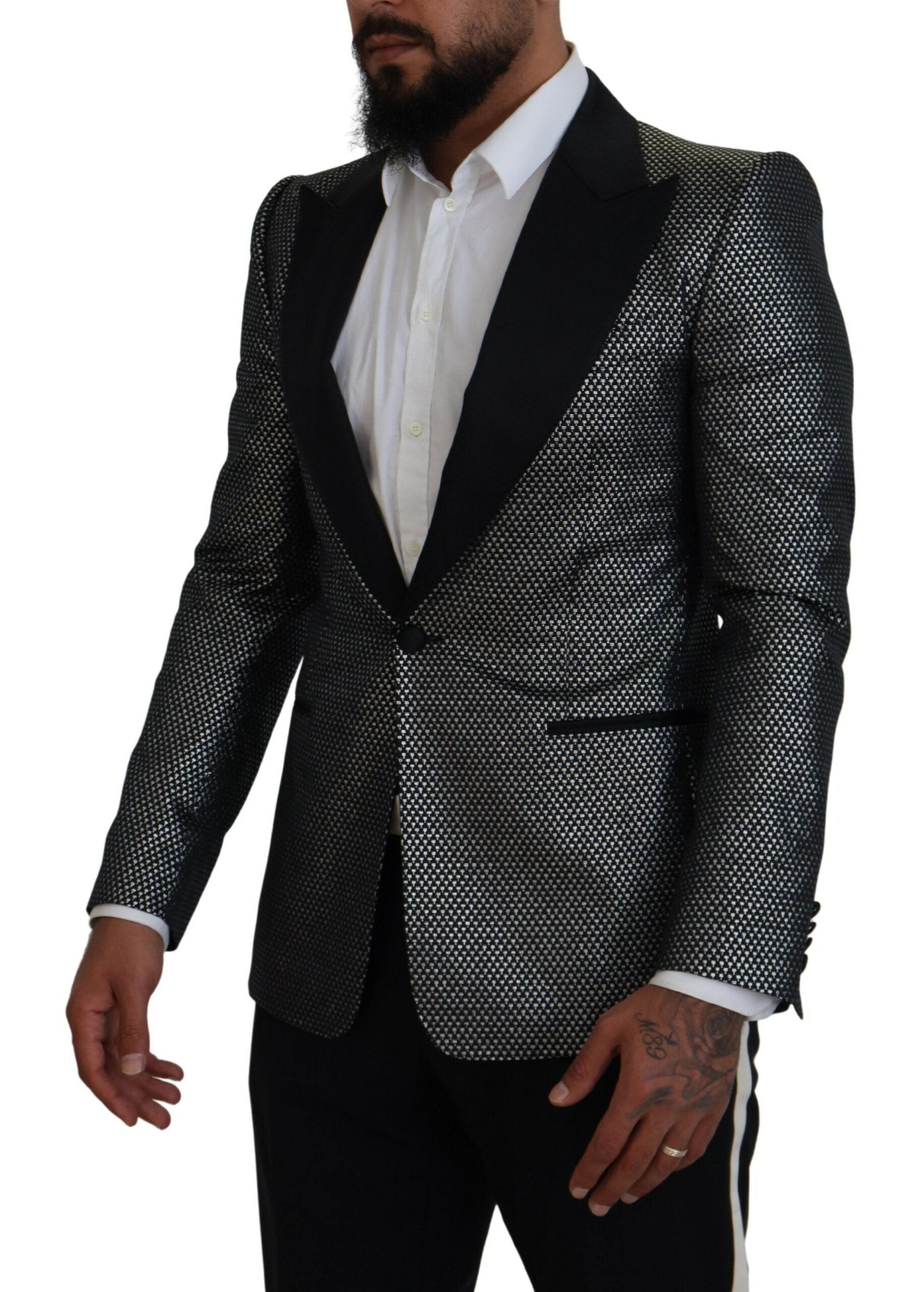 Dolce & Gabbana Black Silver Jacquard Slim Fit Jacket Blazer-5