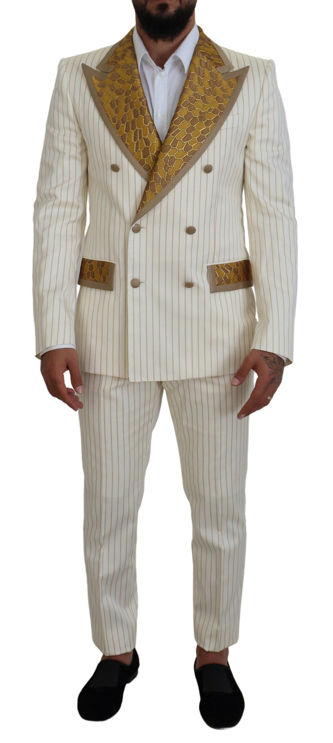Dolce & Gabbana Weiß Gold gestreifter Smoking Slim Fit Anzug-1
