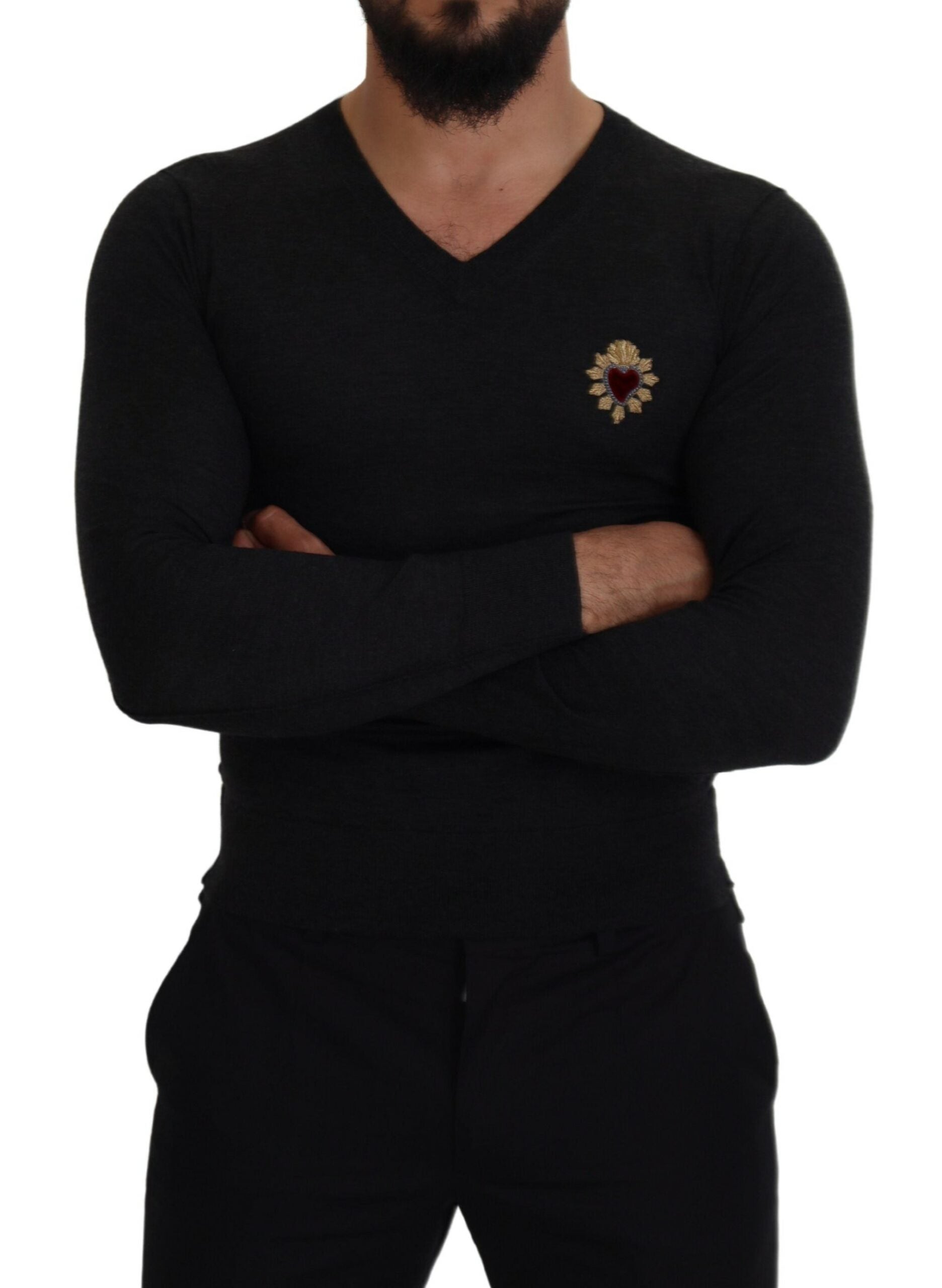 Dolce & Gabbana grey cashmere sweater with V-neck and gold heart-5
