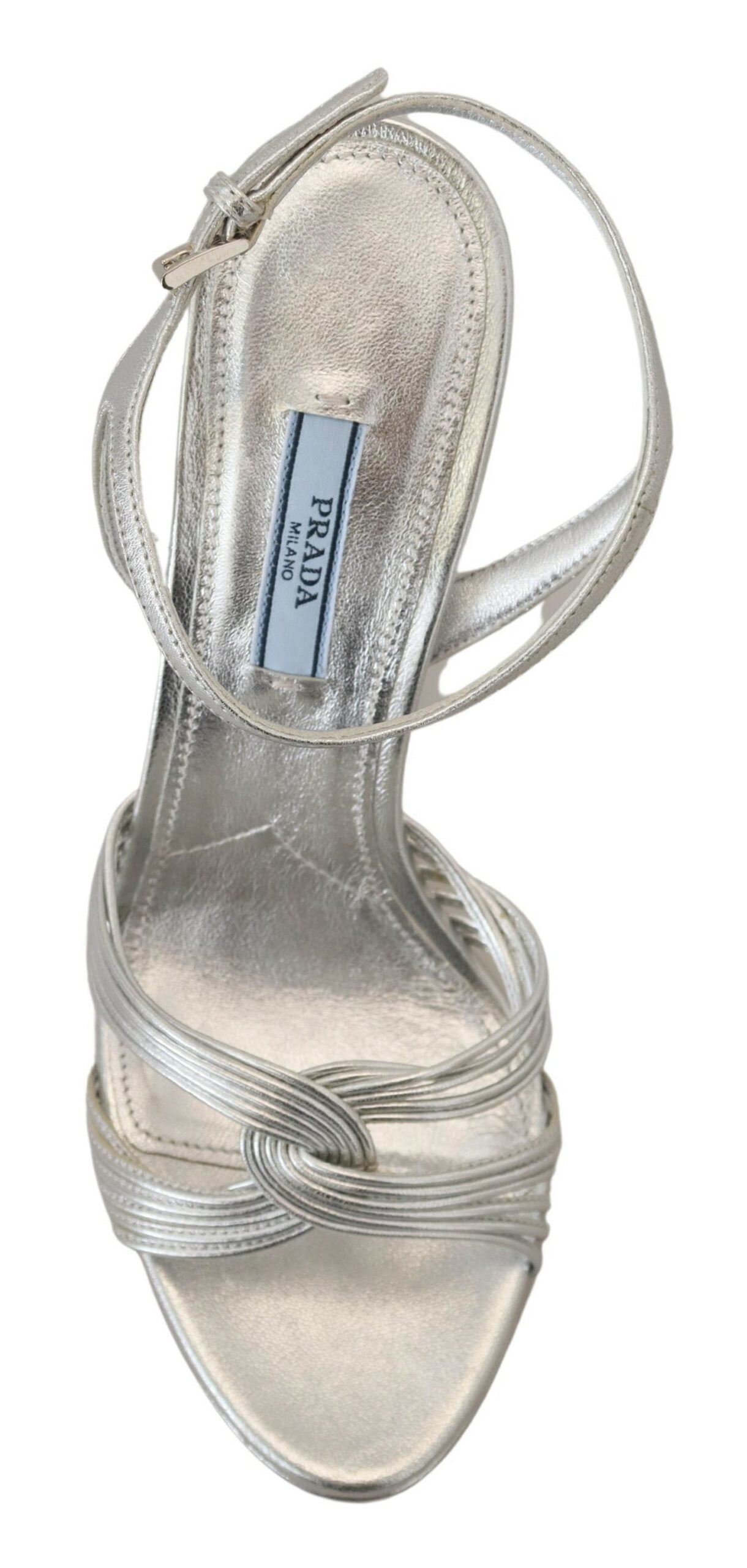 Prada Silver Leather Sandals Ankle Strap Heels Stiletto-5