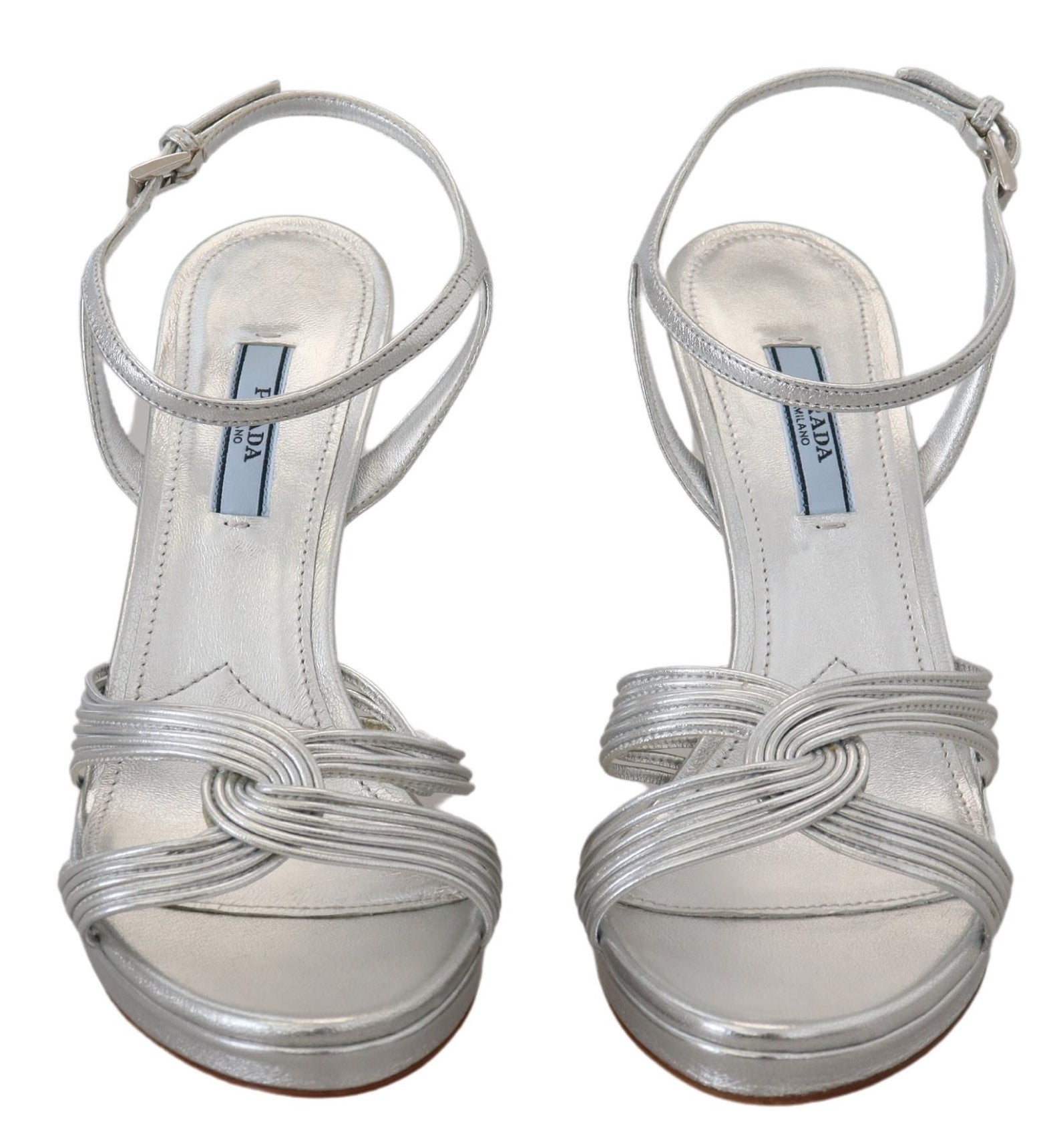 Prada Silver Leather Sandals Ankle Strap Heels Stiletto-6