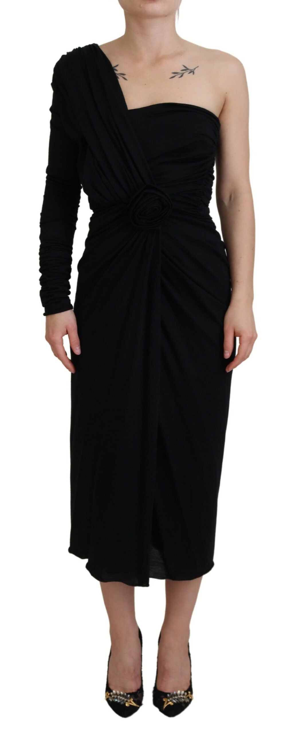 Vestido cruzado de lana con un solo hombro en negro de Dolce & Gabbana-1