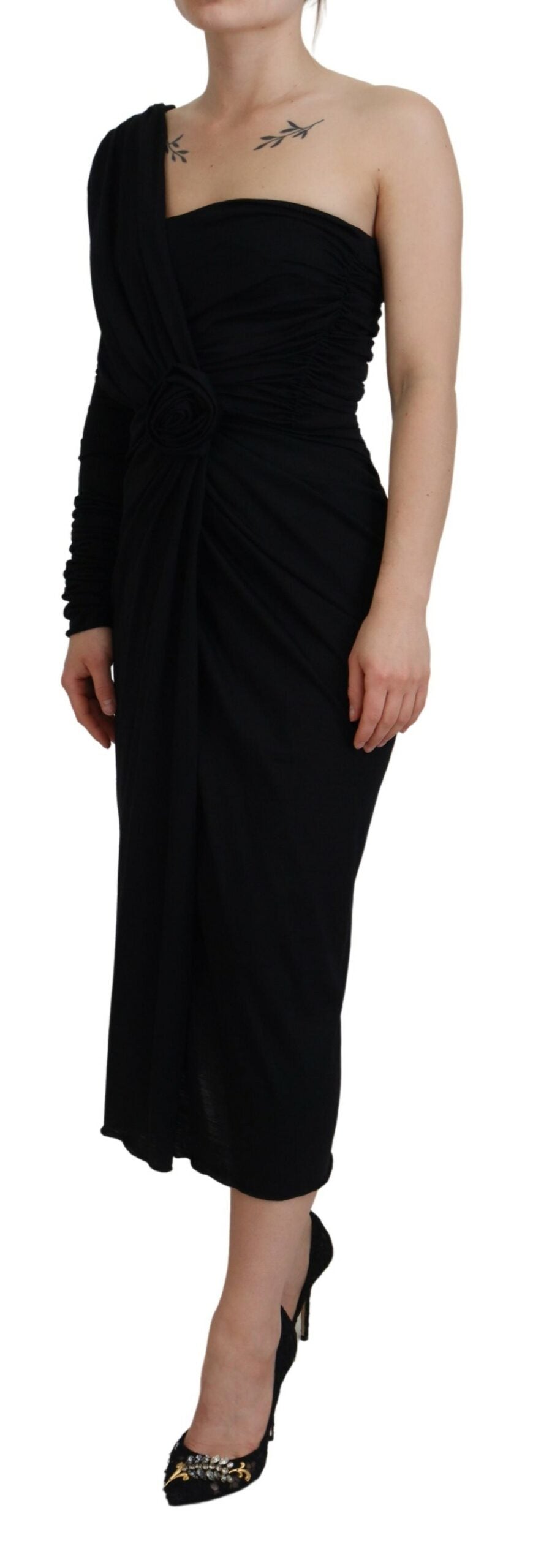 Vestido cruzado de lana con un solo hombro en negro de Dolce & Gabbana-2