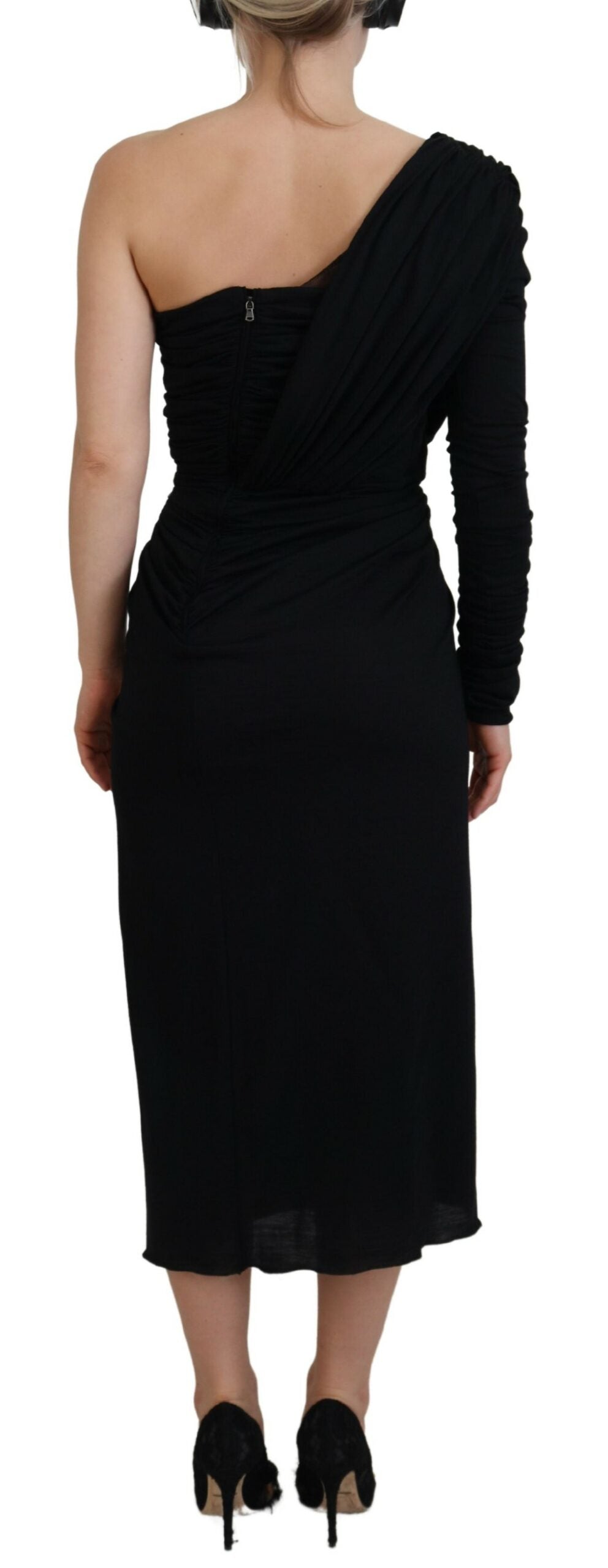 Vestido cruzado de lana con un solo hombro en negro de Dolce & Gabbana-3