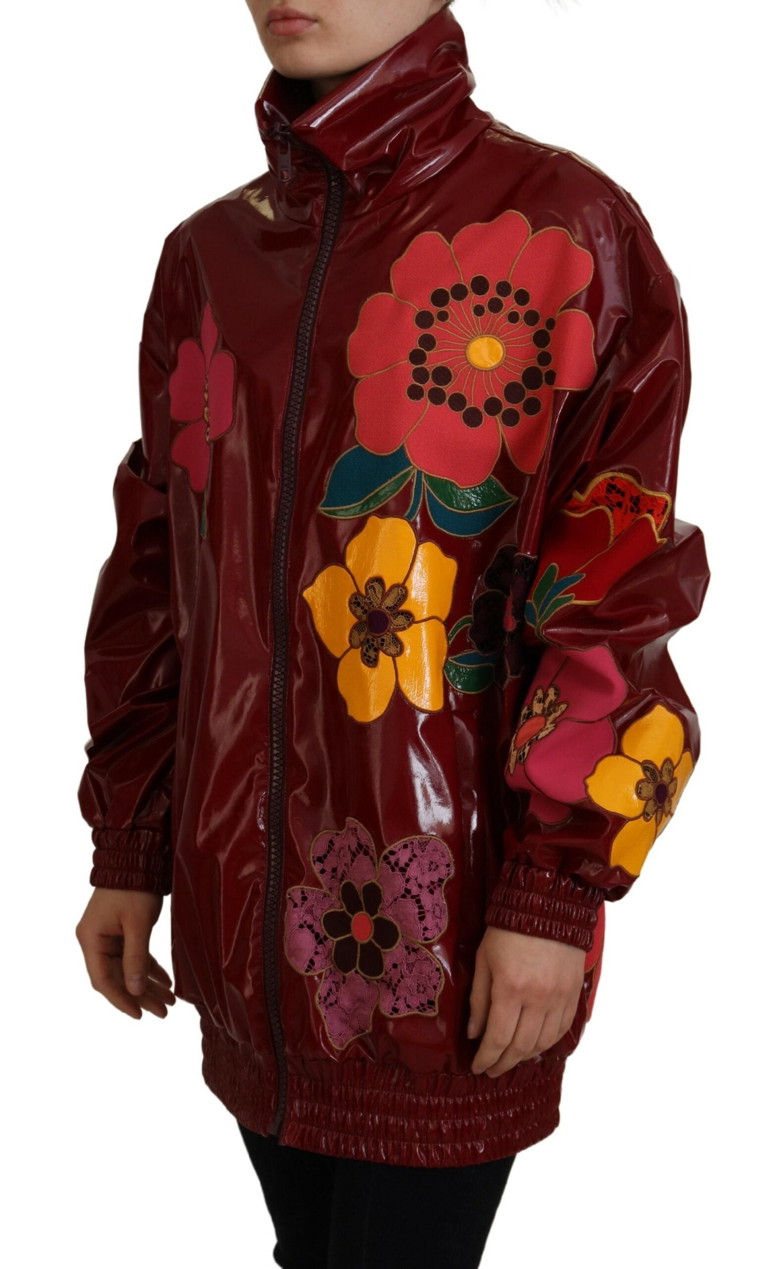 Dolce & Gabbana Maroon Floral Full Zip Polyester Women's Jacket-2