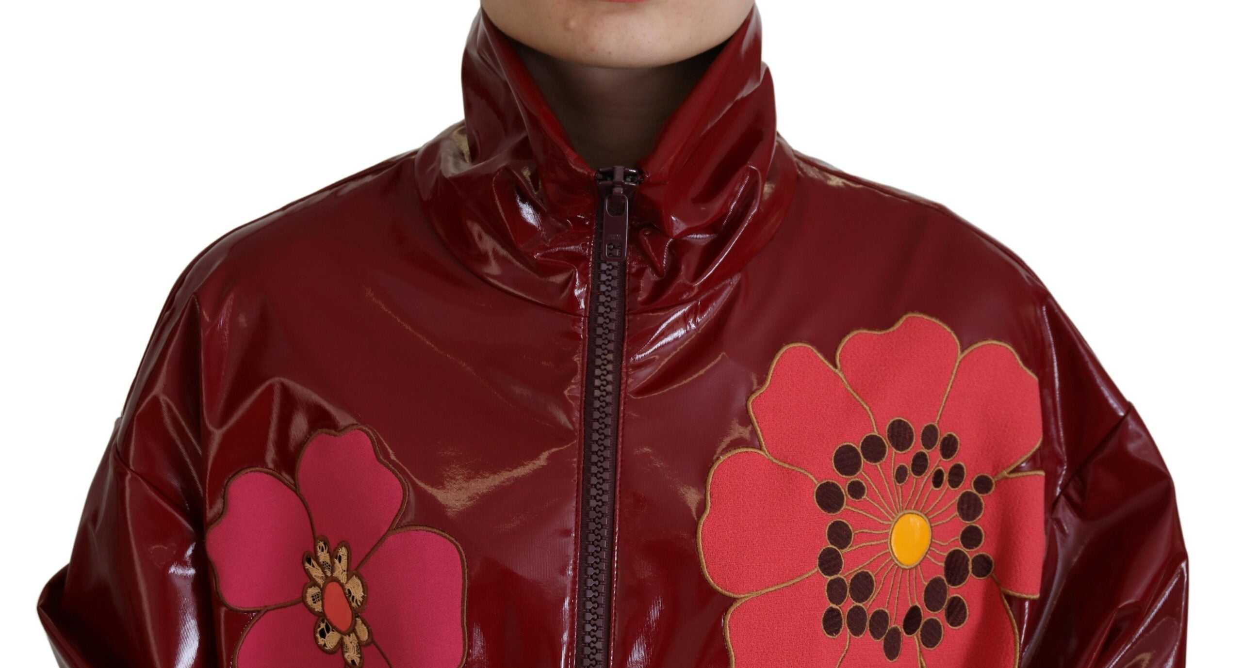Dolce & Gabbana Maroon Floral Full Zip Polyester Women's Jacket-4