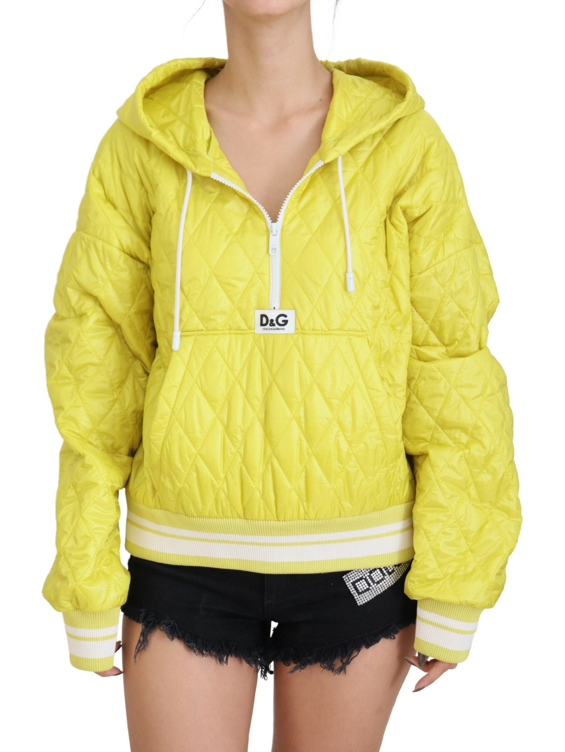 Dolce & Gabbana Yellow Nylon Quilted Jacket with Hood and Sweater