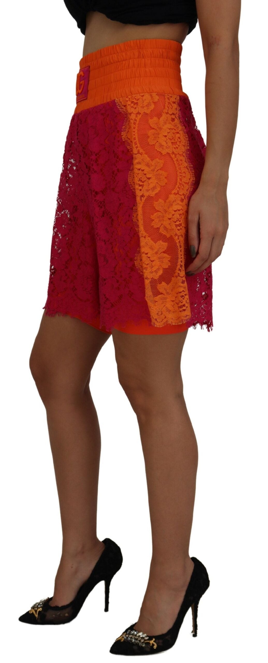 Dolce & Gabbana Pink Orange Lace Cotton High Waist Shorts-2
