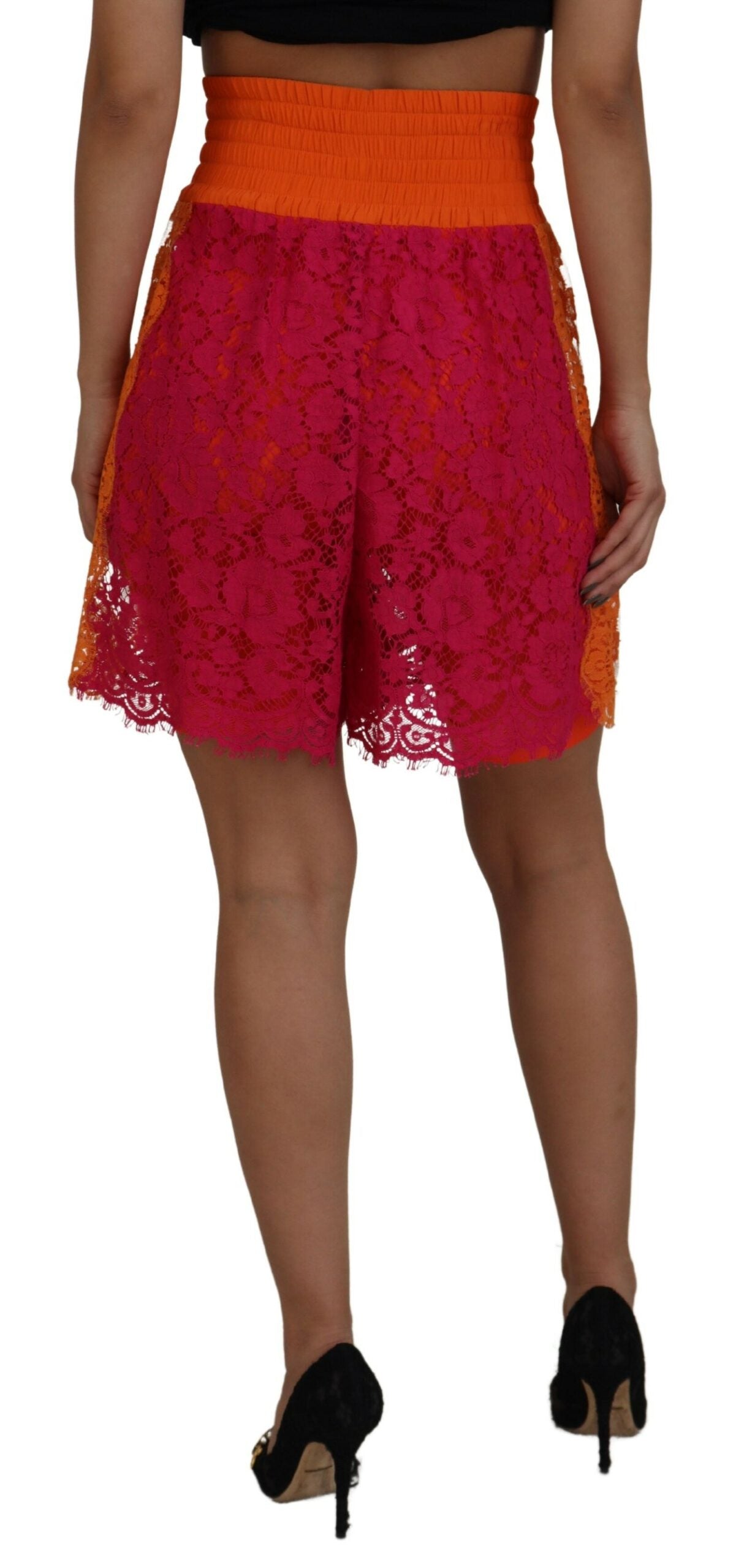 Dolce & Gabbana Pink Orange Lace Cotton High Waist Shorts-3