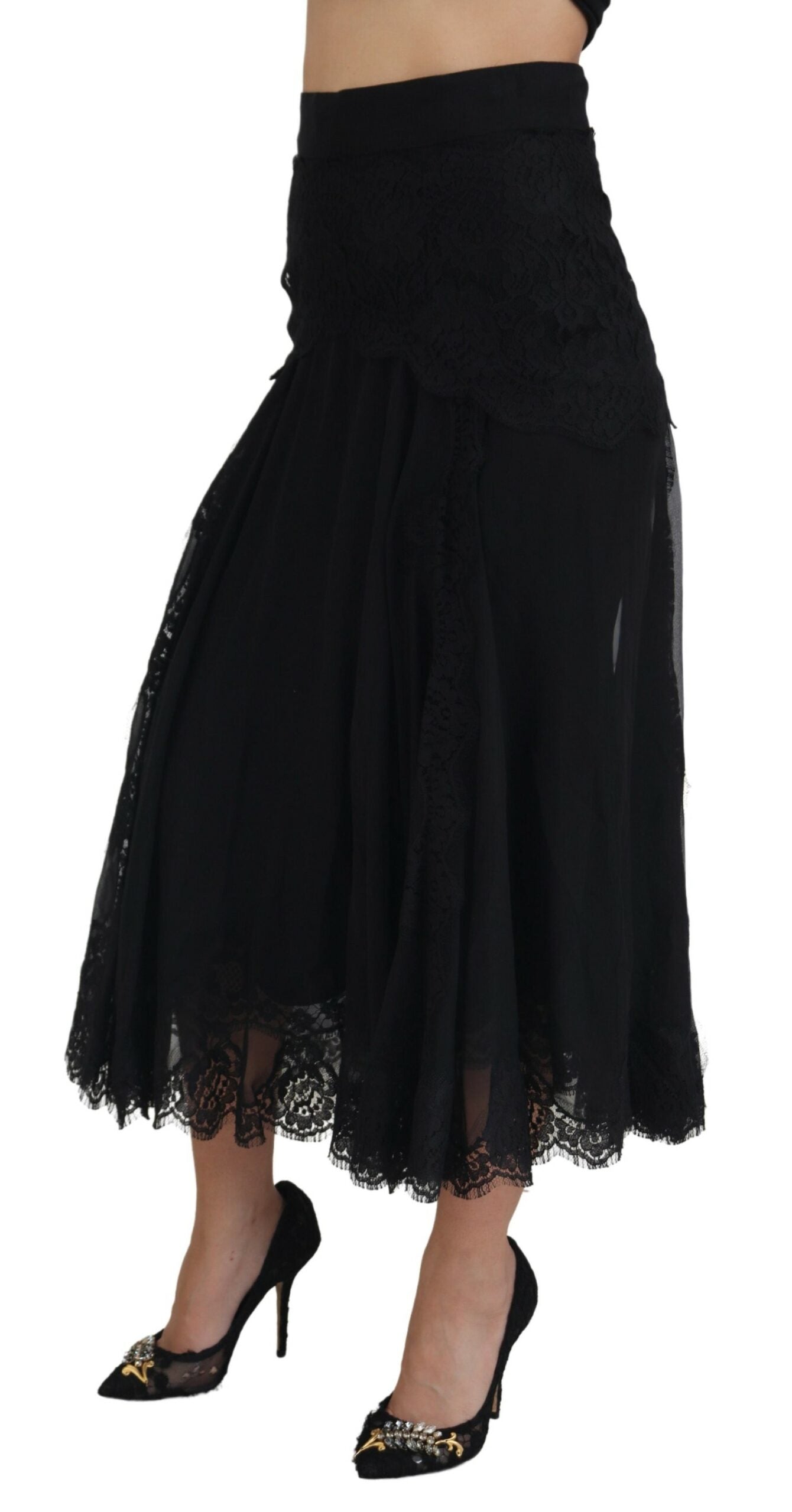 Dolce & Gabbana Black Silk Lace Trim High Waist Midi Skirt-2