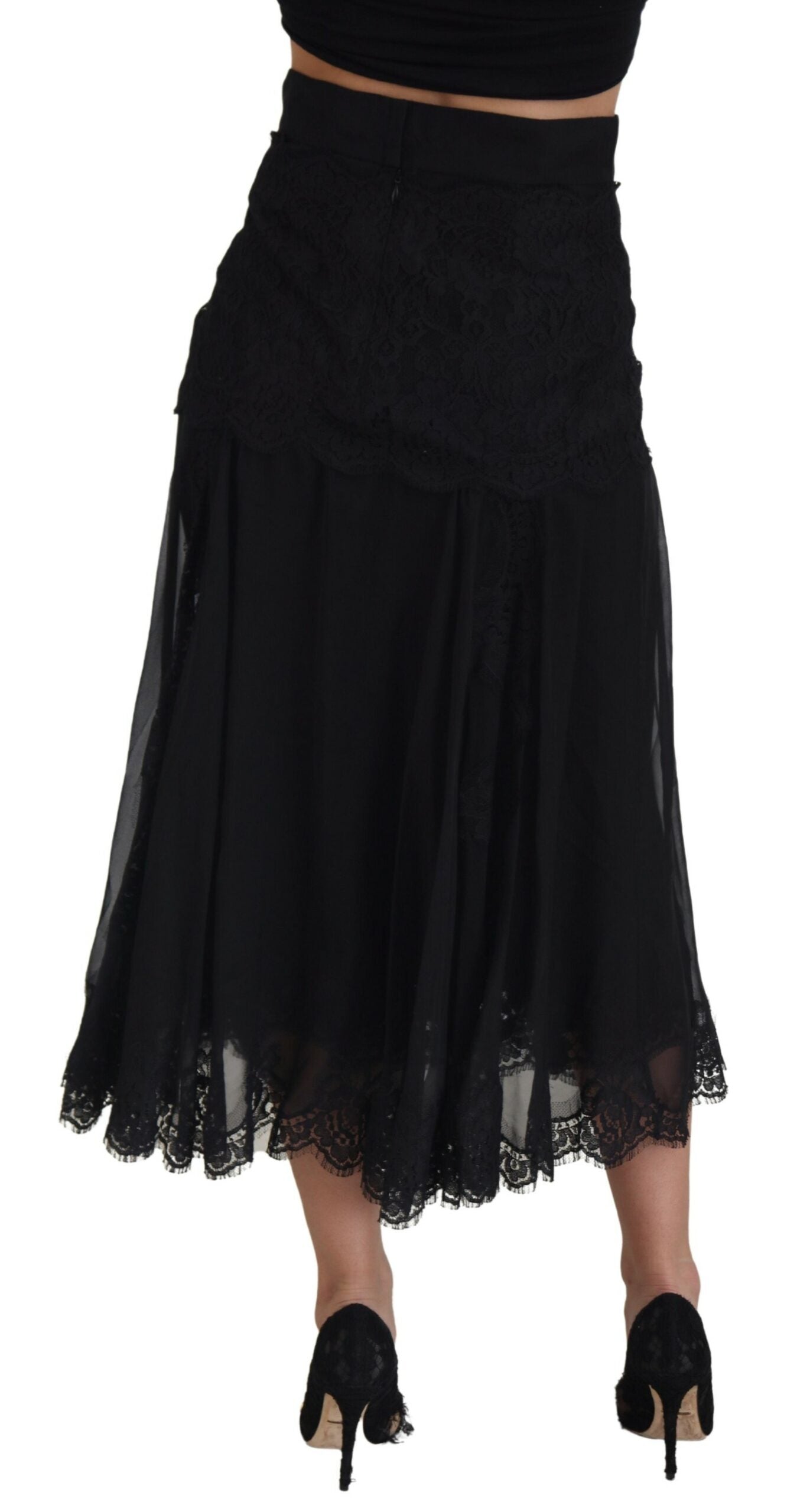 Dolce & Gabbana Black Silk Lace Trim High Waist Midi Skirt-3