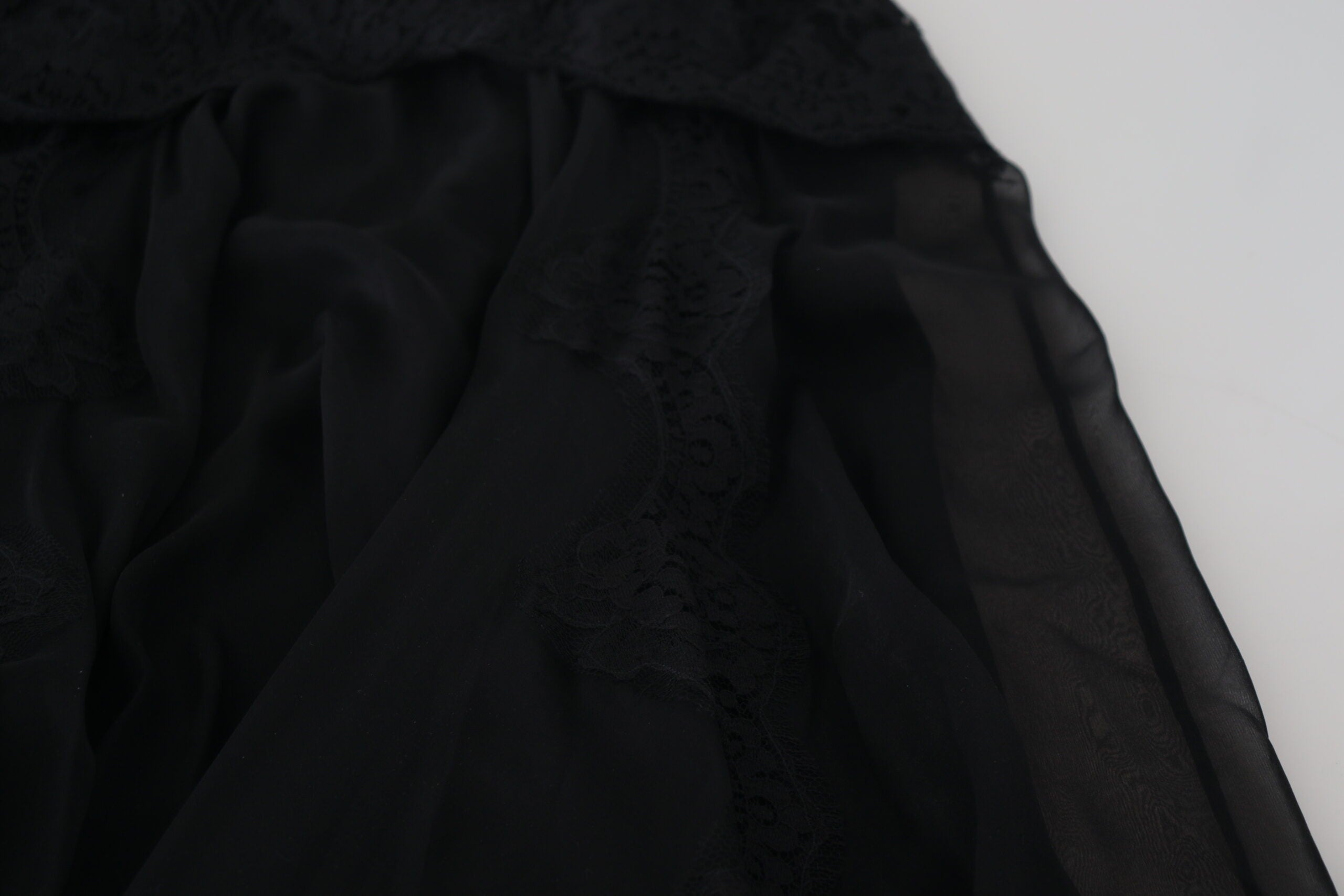Dolce & Gabbana Black Silk Lace Trim High Waist Midi Skirt-5