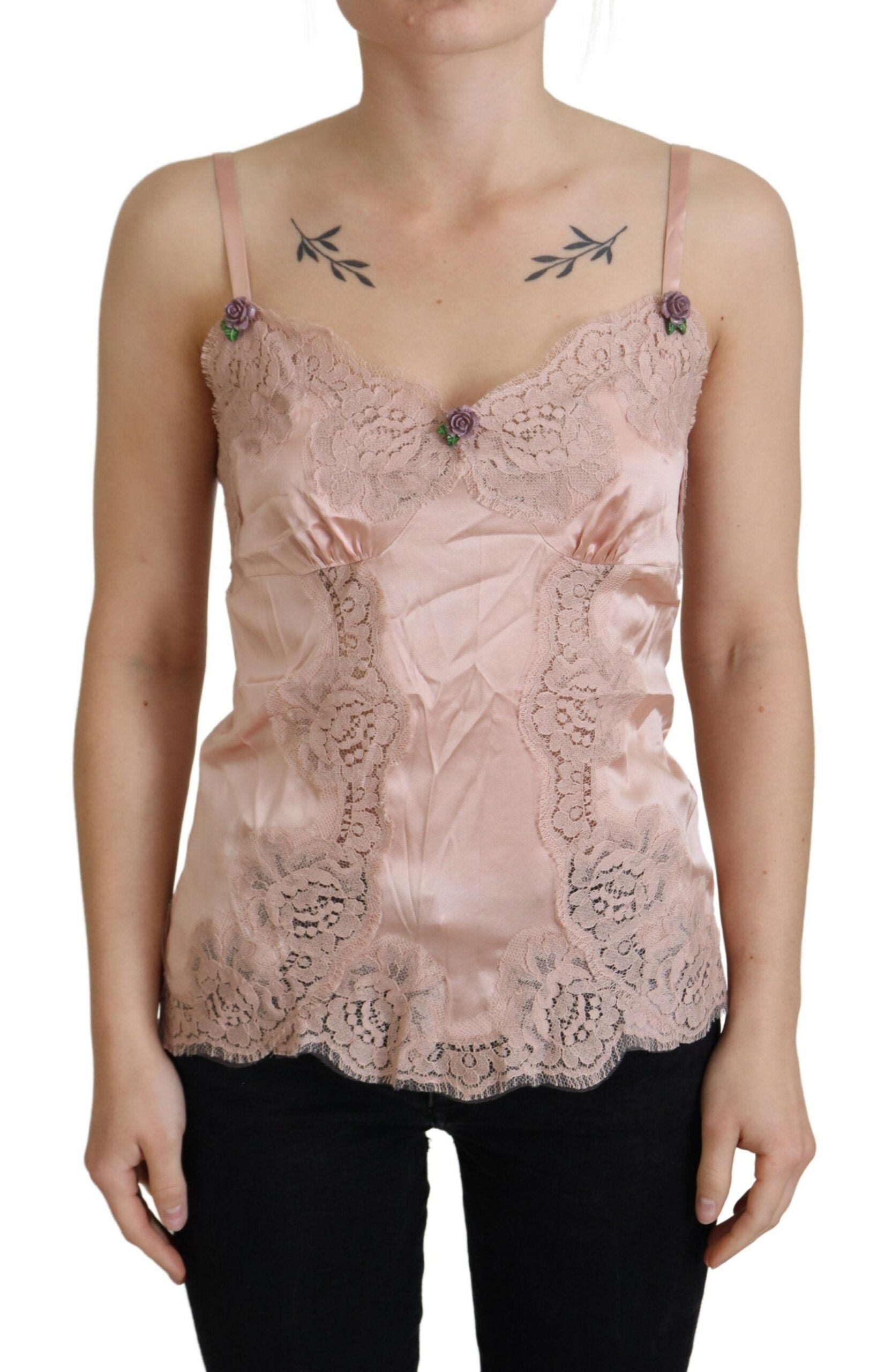 Dolce & Gabbana Pink Satin Lace Rose Tank Top Lingerie