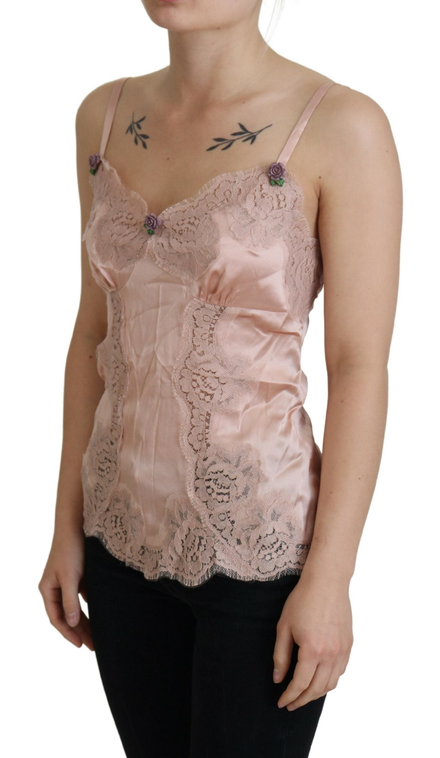 Dolce & Gabbana Pink Satin Lace Rose Tank Top Lingerie-2