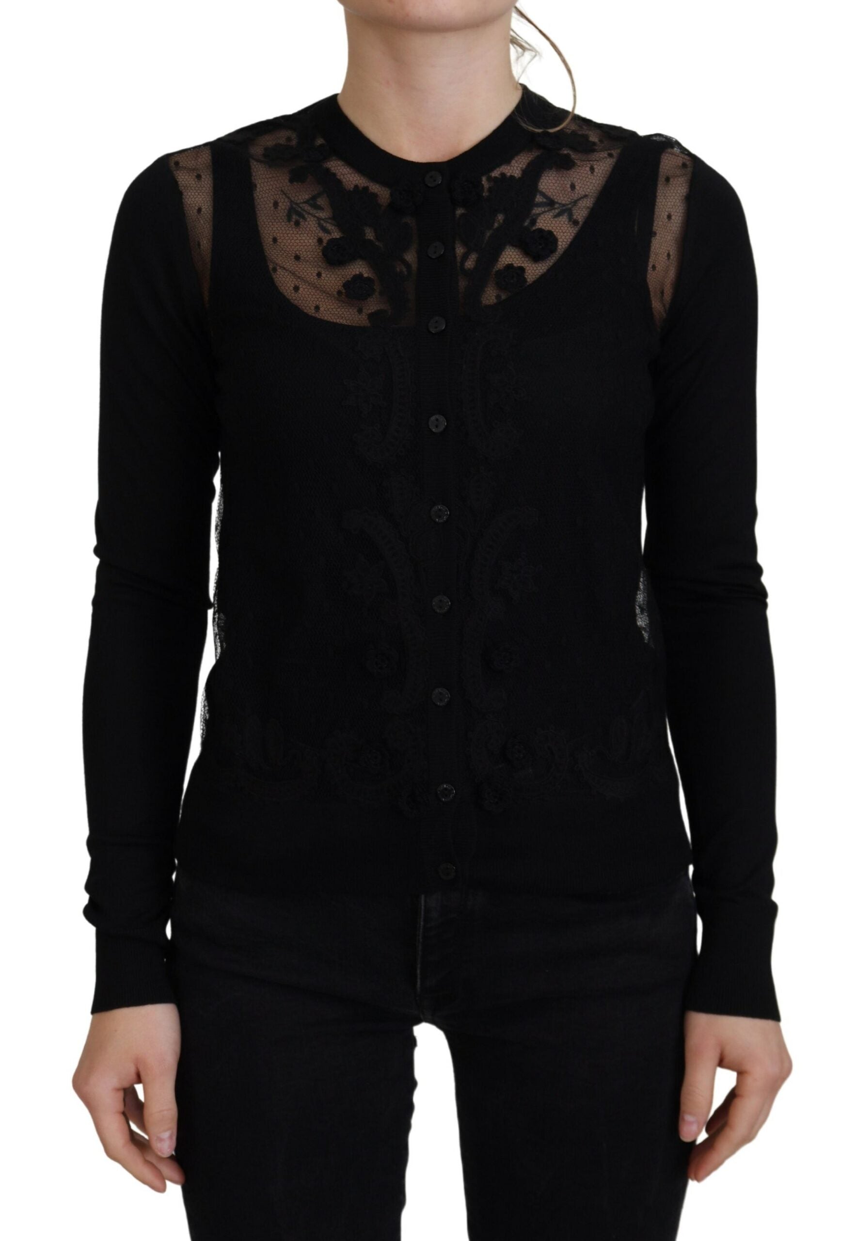 Dolce & Gabbana black knit sweater with floral lace and button placket-1
