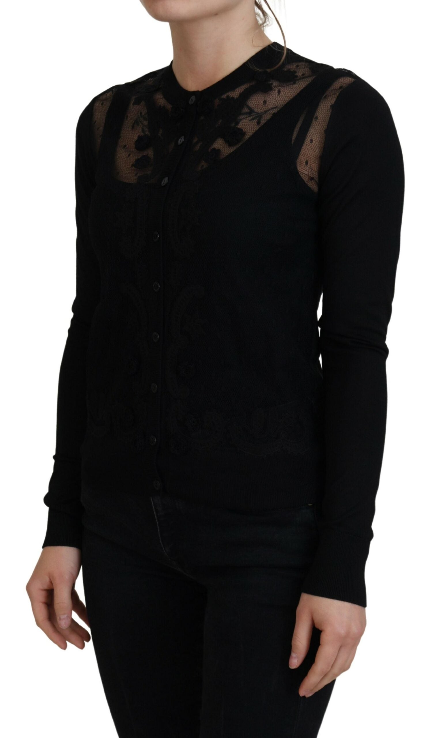 Dolce & Gabbana black knit sweater with floral lace and button placket-2
