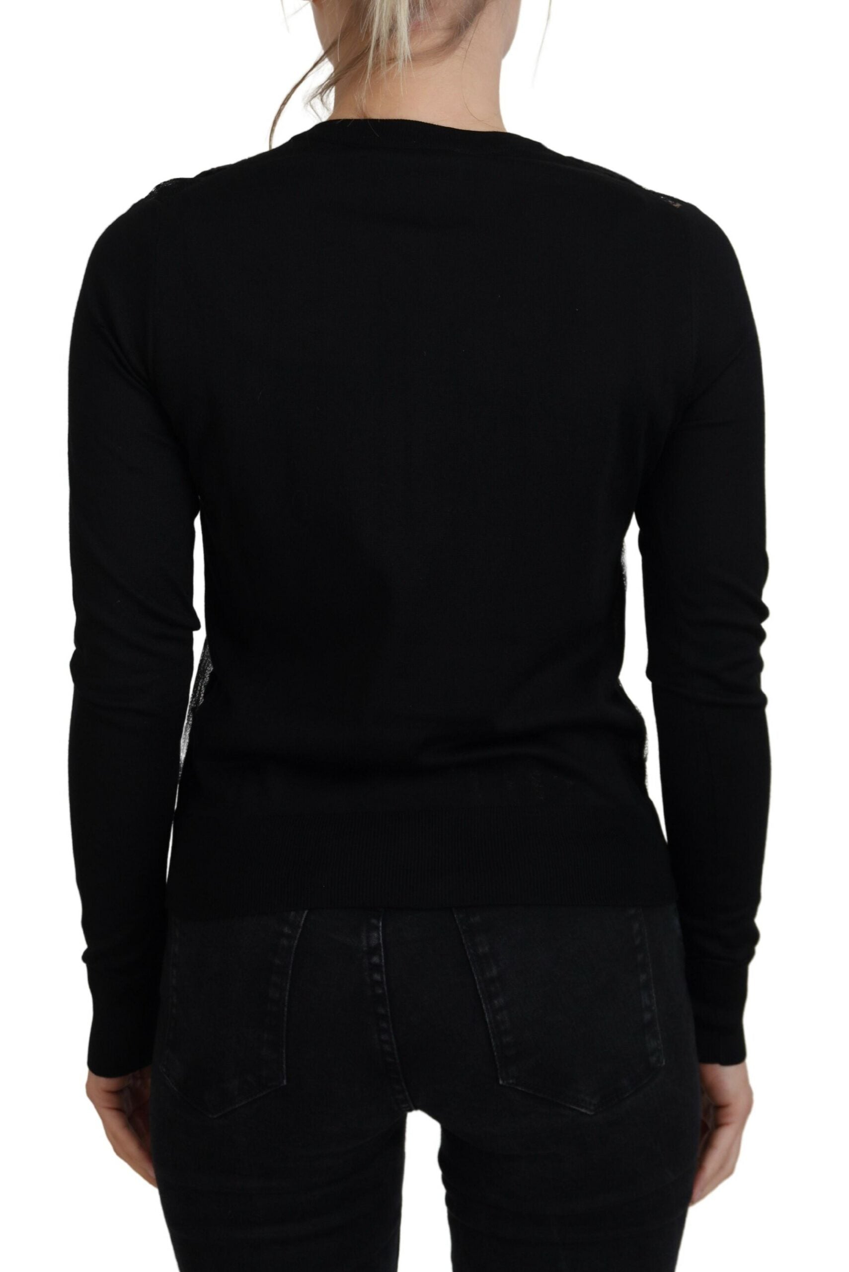 Dolce & Gabbana black knit sweater with floral lace and button placket-3