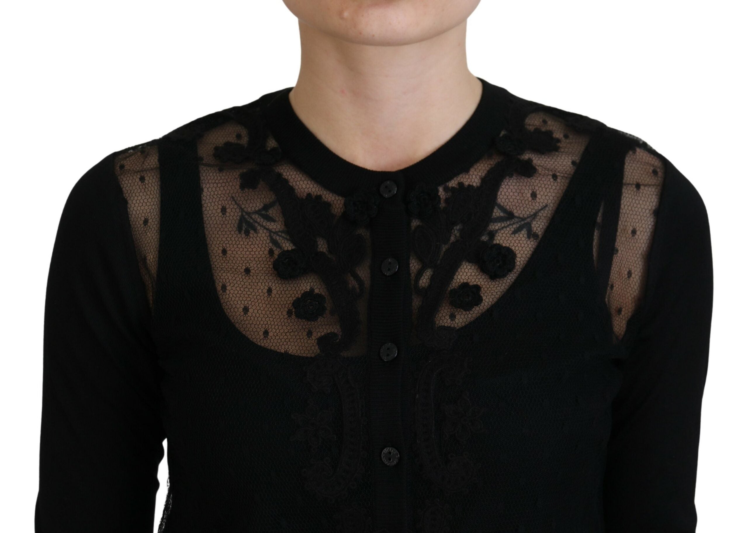 Dolce & Gabbana black knit sweater with floral lace and button placket-4