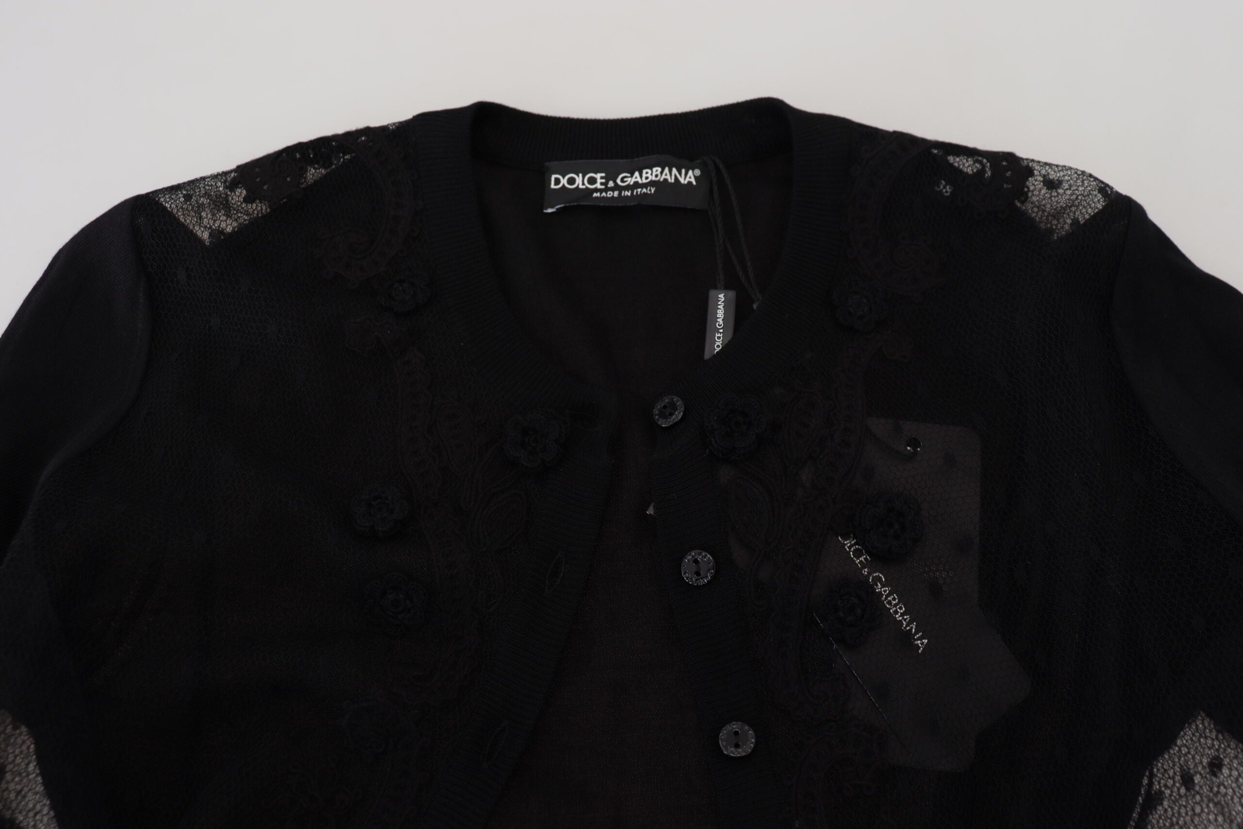 Dolce & Gabbana black knit sweater with floral lace and button placket-5