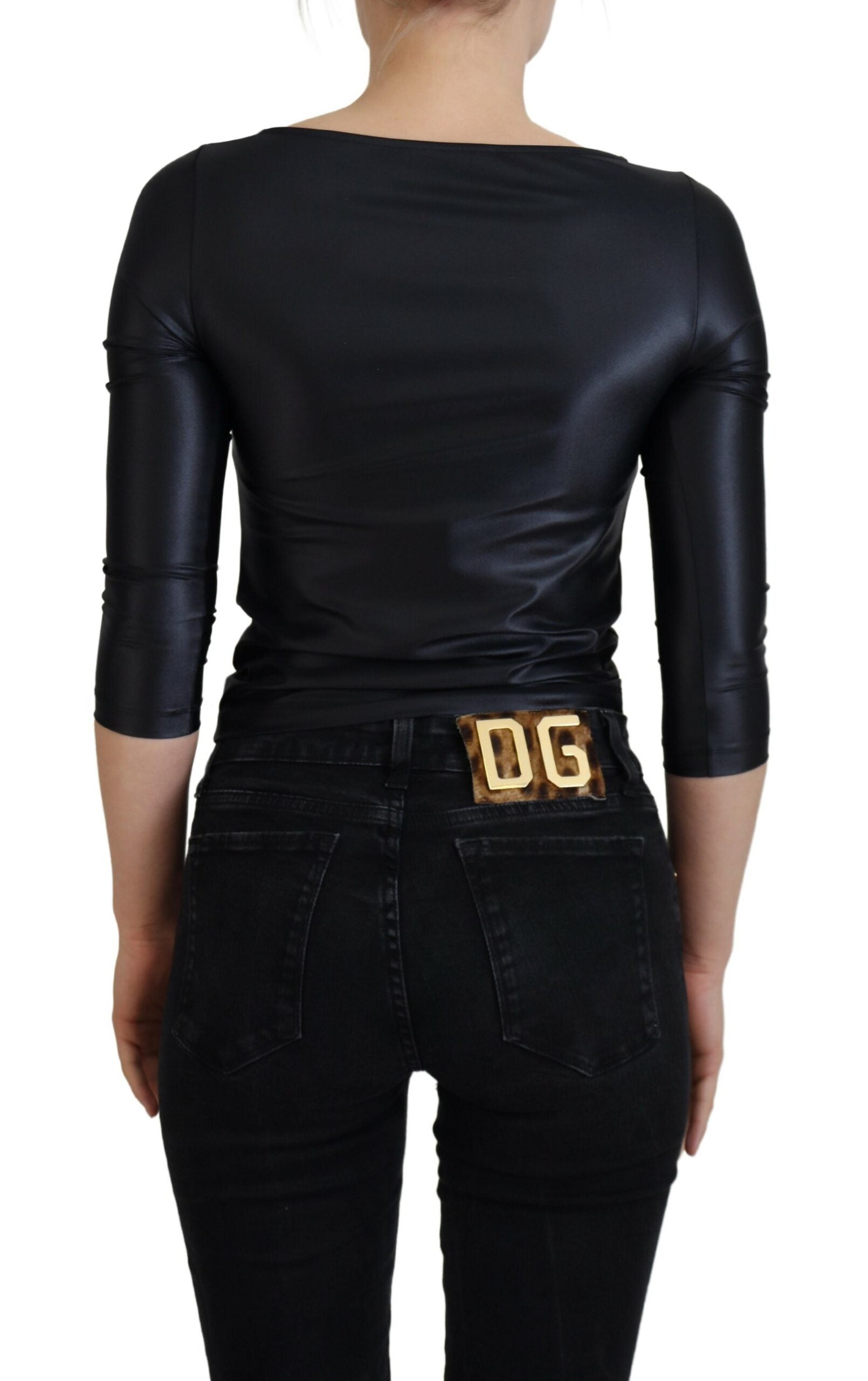 Dolce & Gabbana Black cotton stretch top with open chest and 3/4 sleeves-3