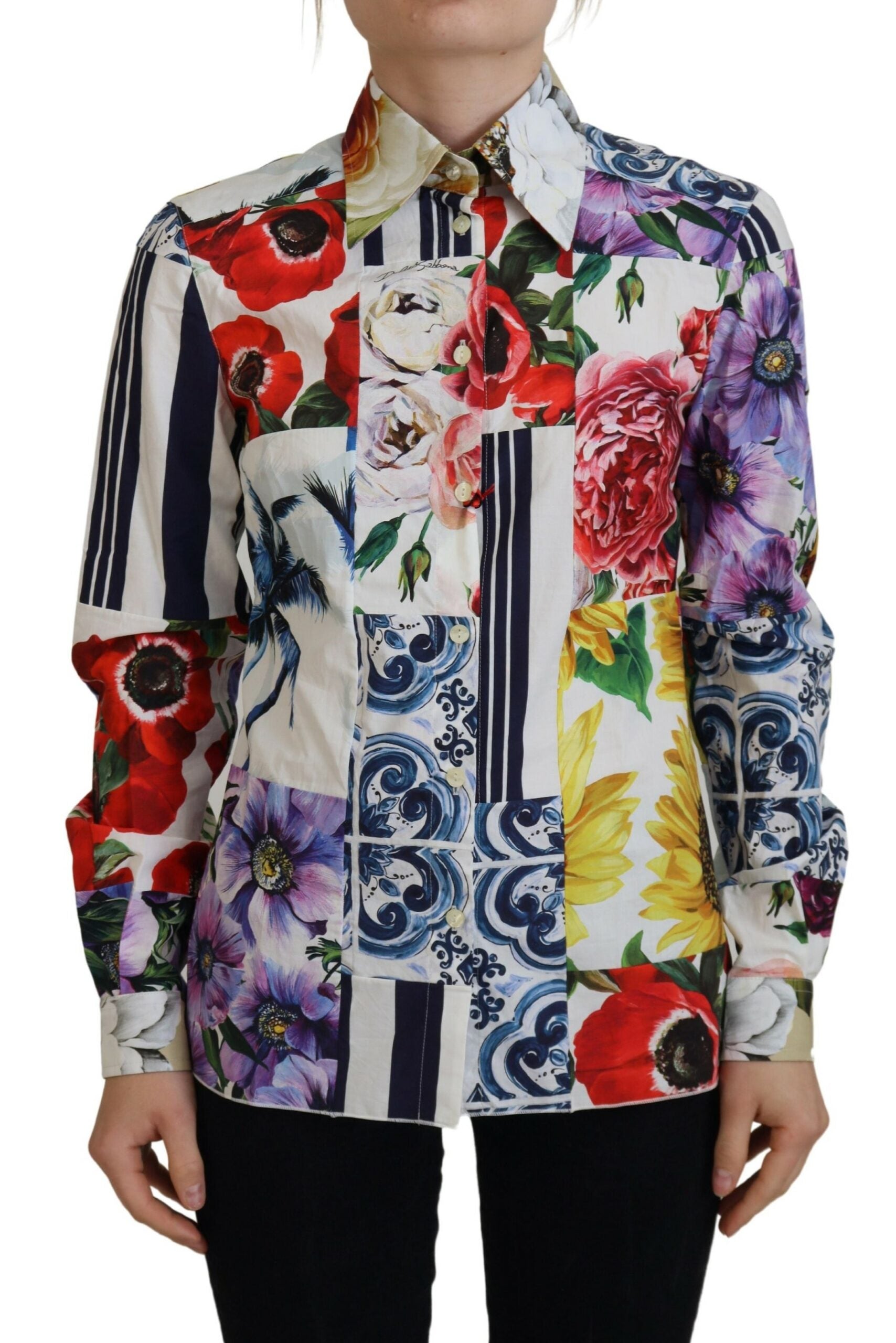 Dolce & Gabbana Multicolor Floral Cotton Blouse with Collar
