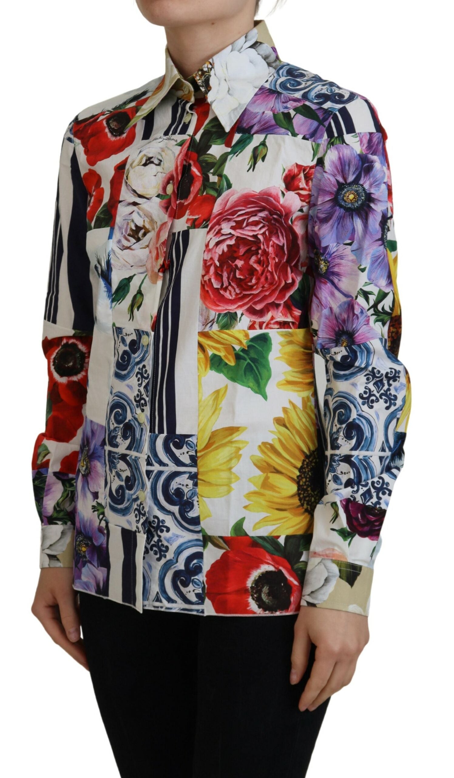 Dolce & Gabbana Multicolor Floral Baumwollbluse mit Kragen-2