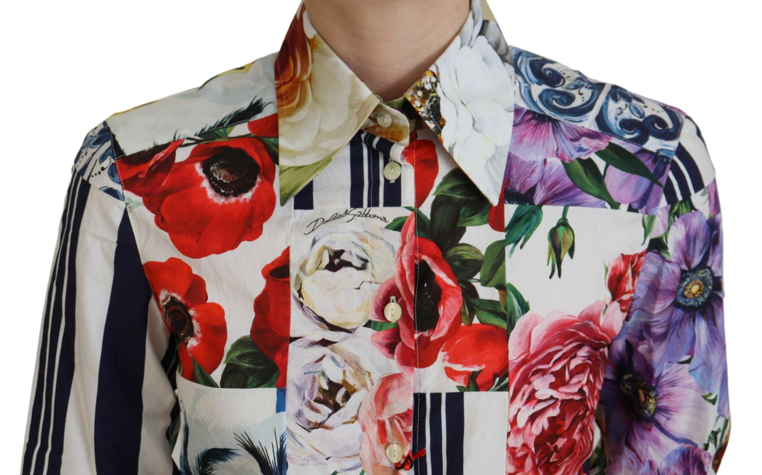 Dolce & Gabbana Multicolor Floral Baumwollbluse mit Kragen-4