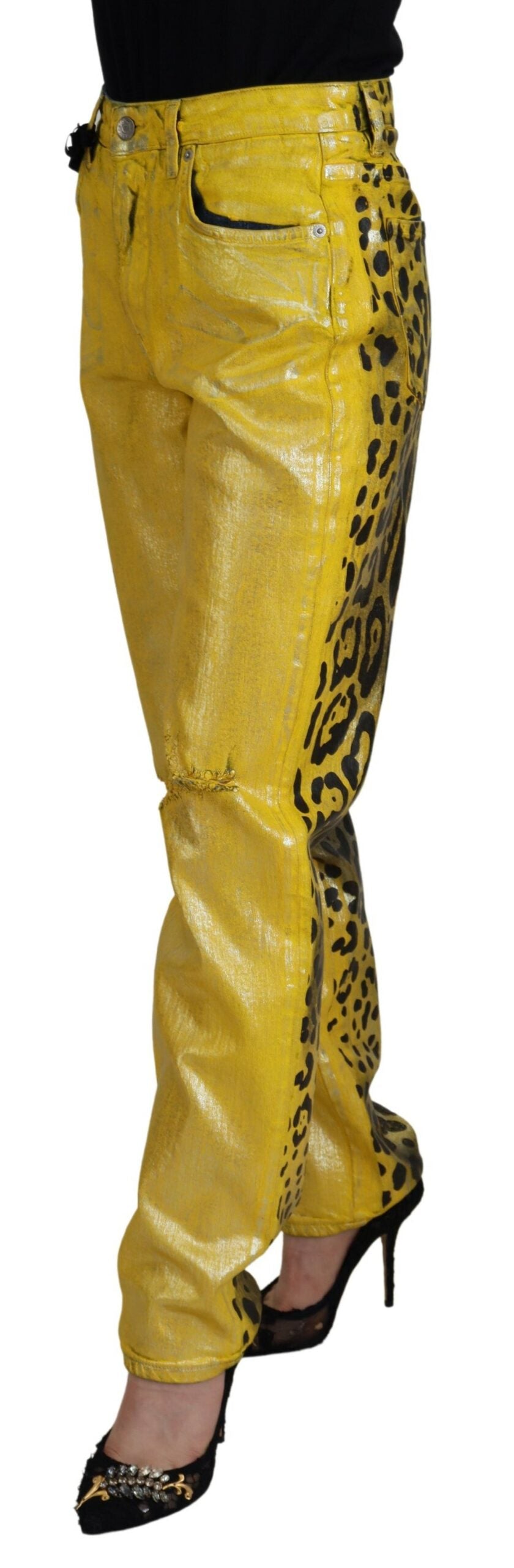 Dolce & Gabbana Yellow Leopard Cotton Straight Denim Jeans-2