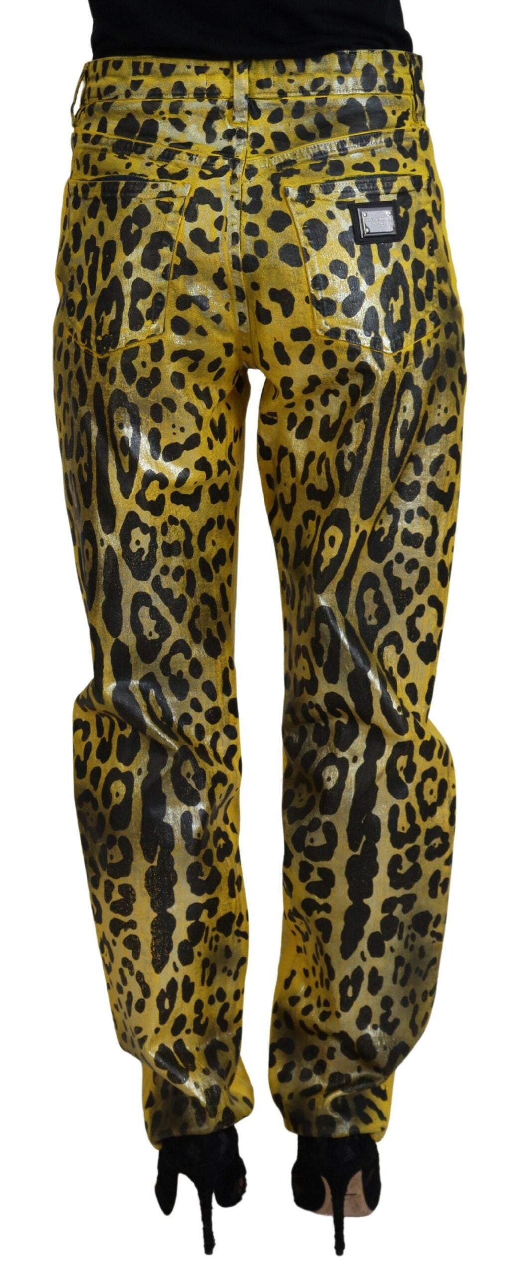 Dolce & Gabbana Yellow Leopard Cotton Straight Denim Jeans-3