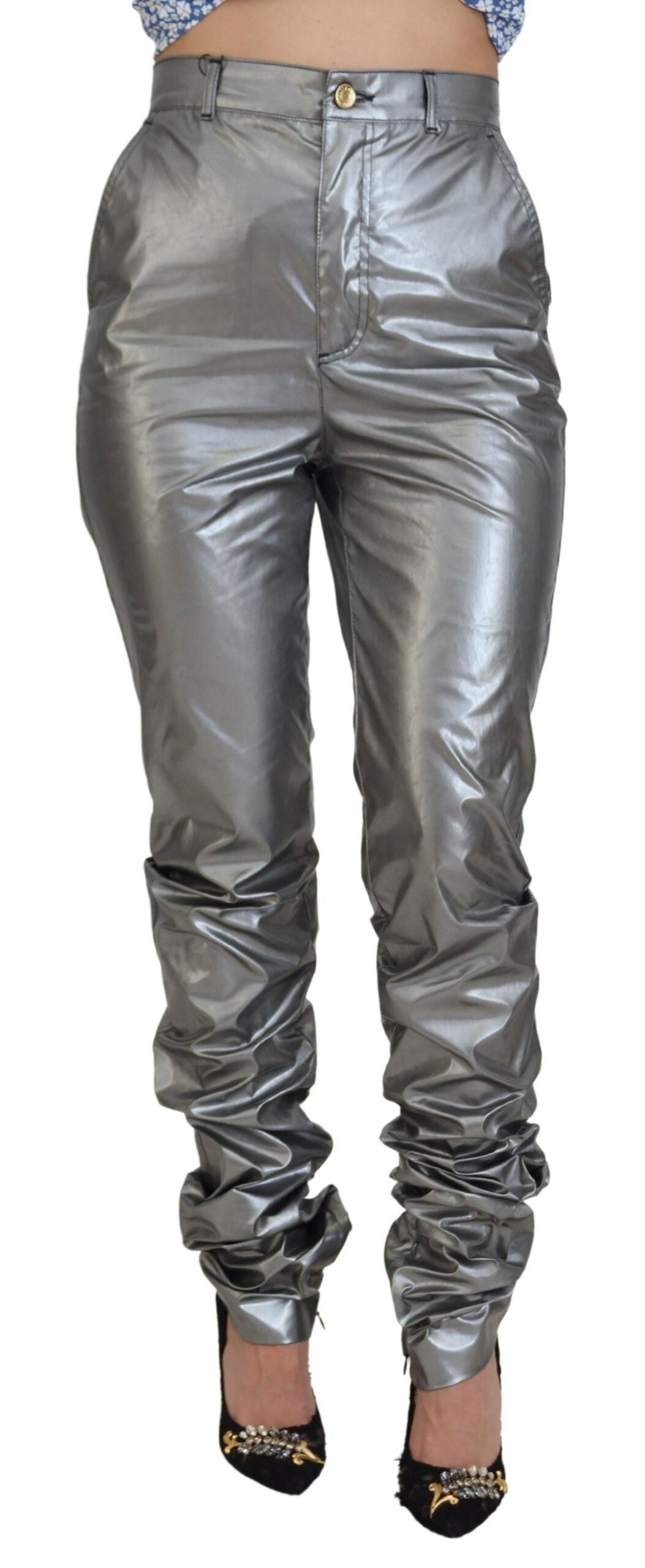 Pantalones ajustados de cintura alta en color plata metalizada de Dolce & Gabbana-1