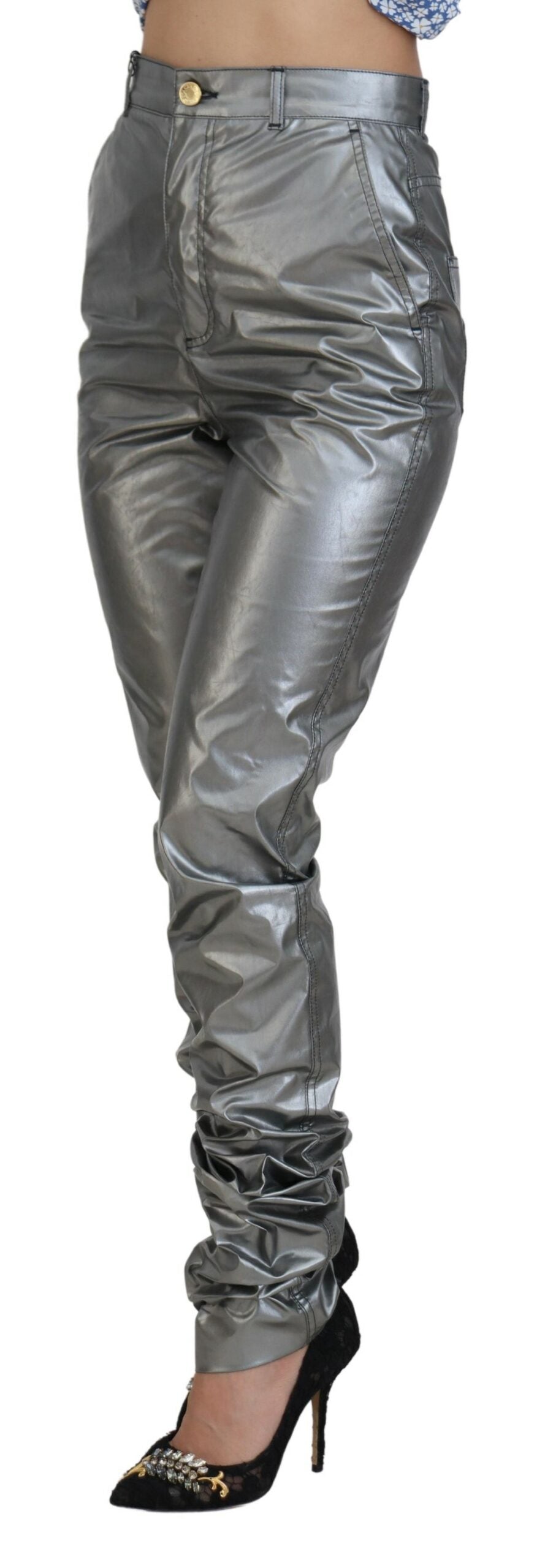 Pantalones ajustados de cintura alta en color plata metalizada de Dolce & Gabbana-2