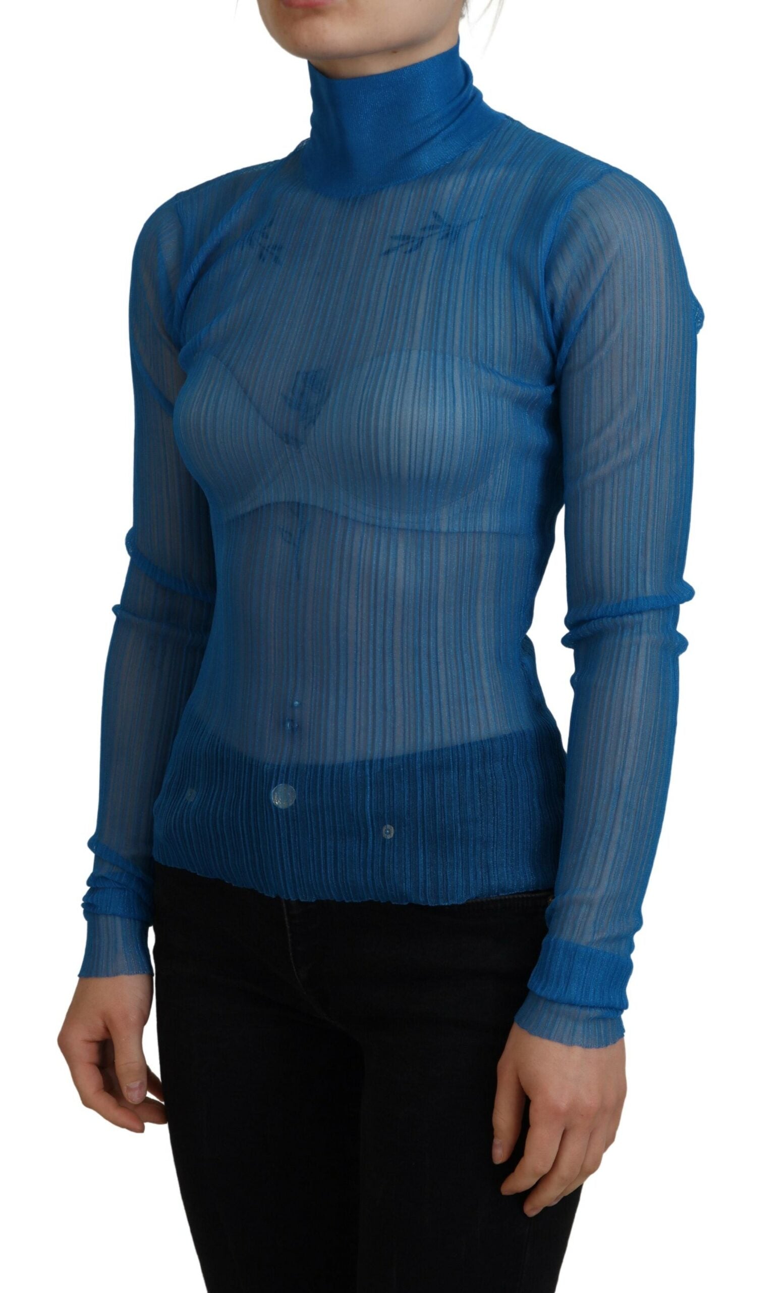 Dolce & Gabbana Blue Mesh Turtleneck Long Sleeve Blouse Top-2