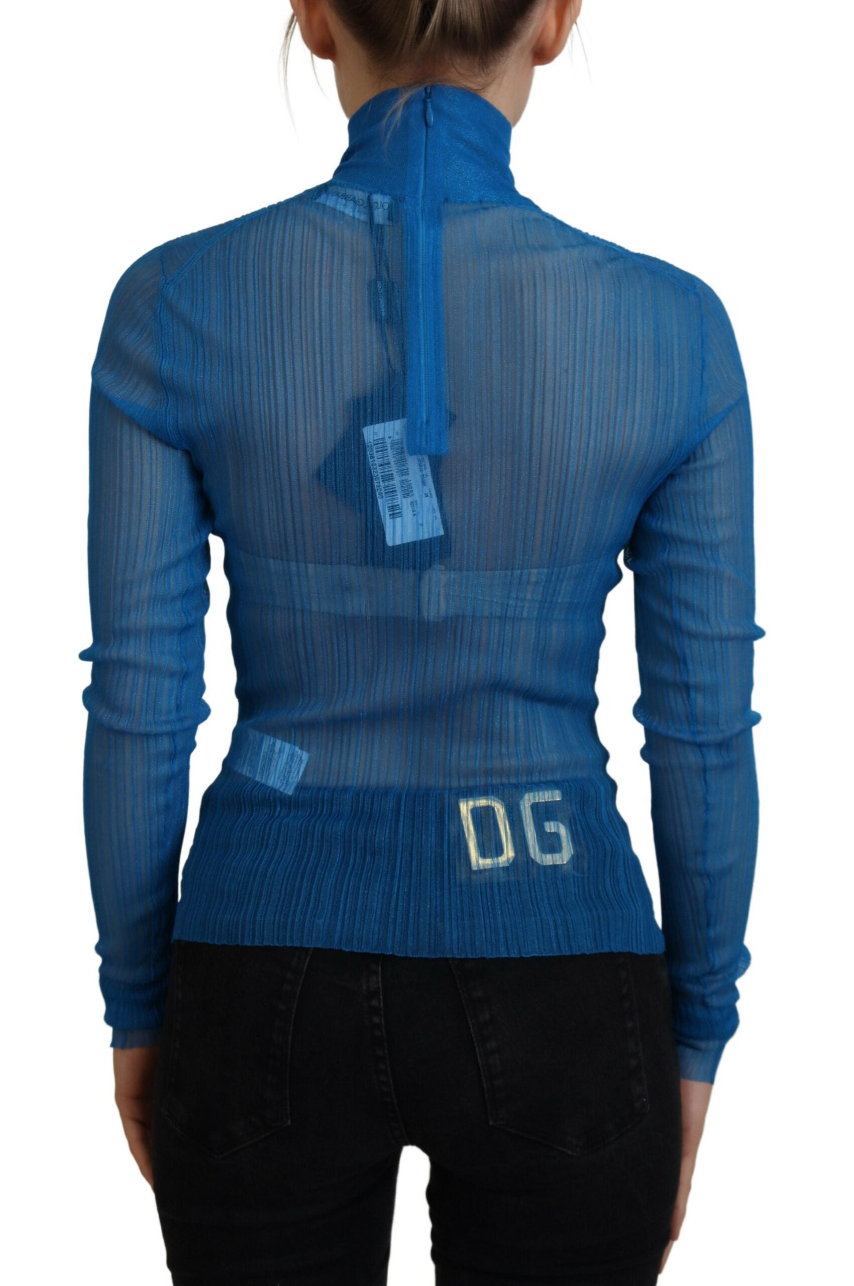 Dolce & Gabbana Blue Mesh Turtleneck Long Sleeve Blouse Top-3