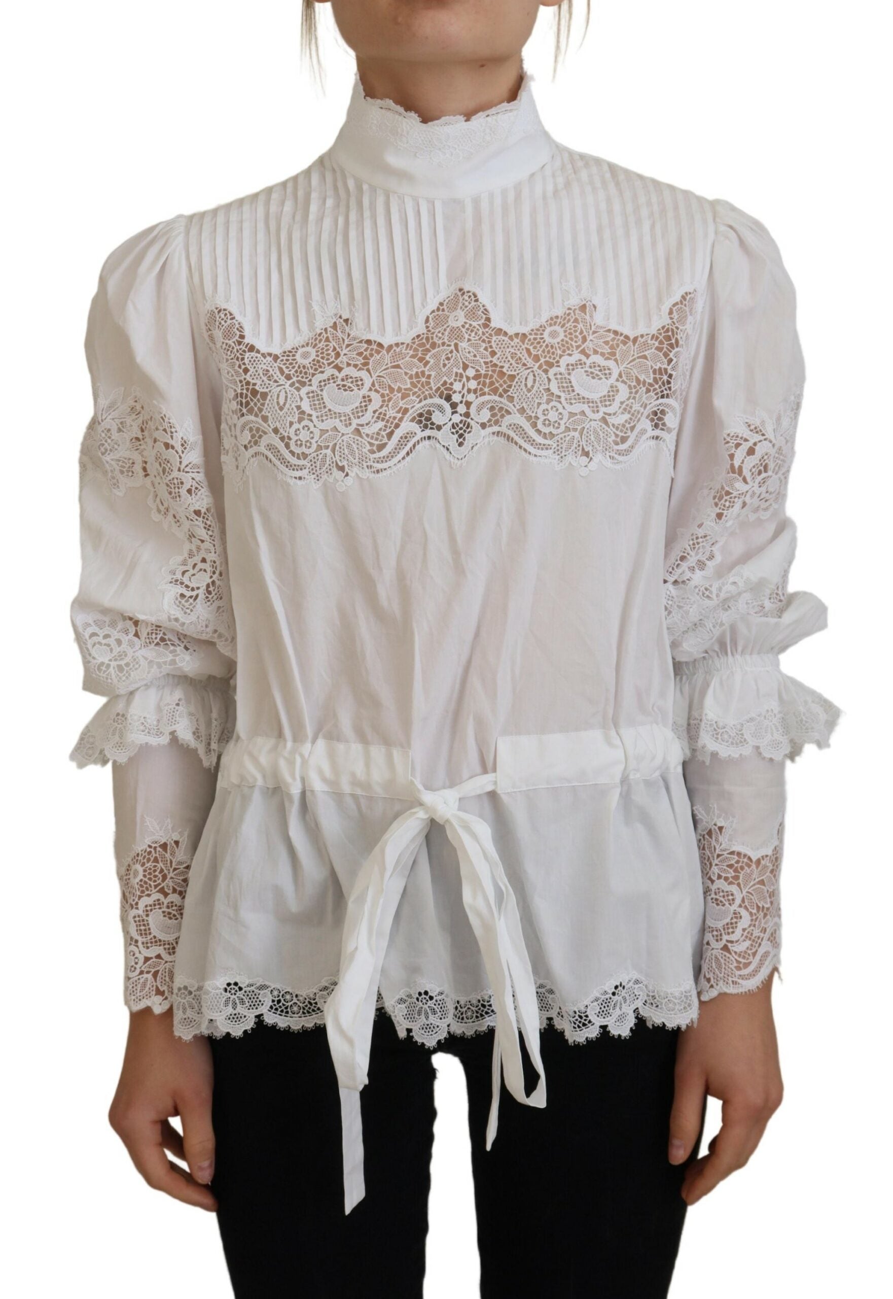 Dolce & Gabbana White cotton roll neck blouse with lace trim