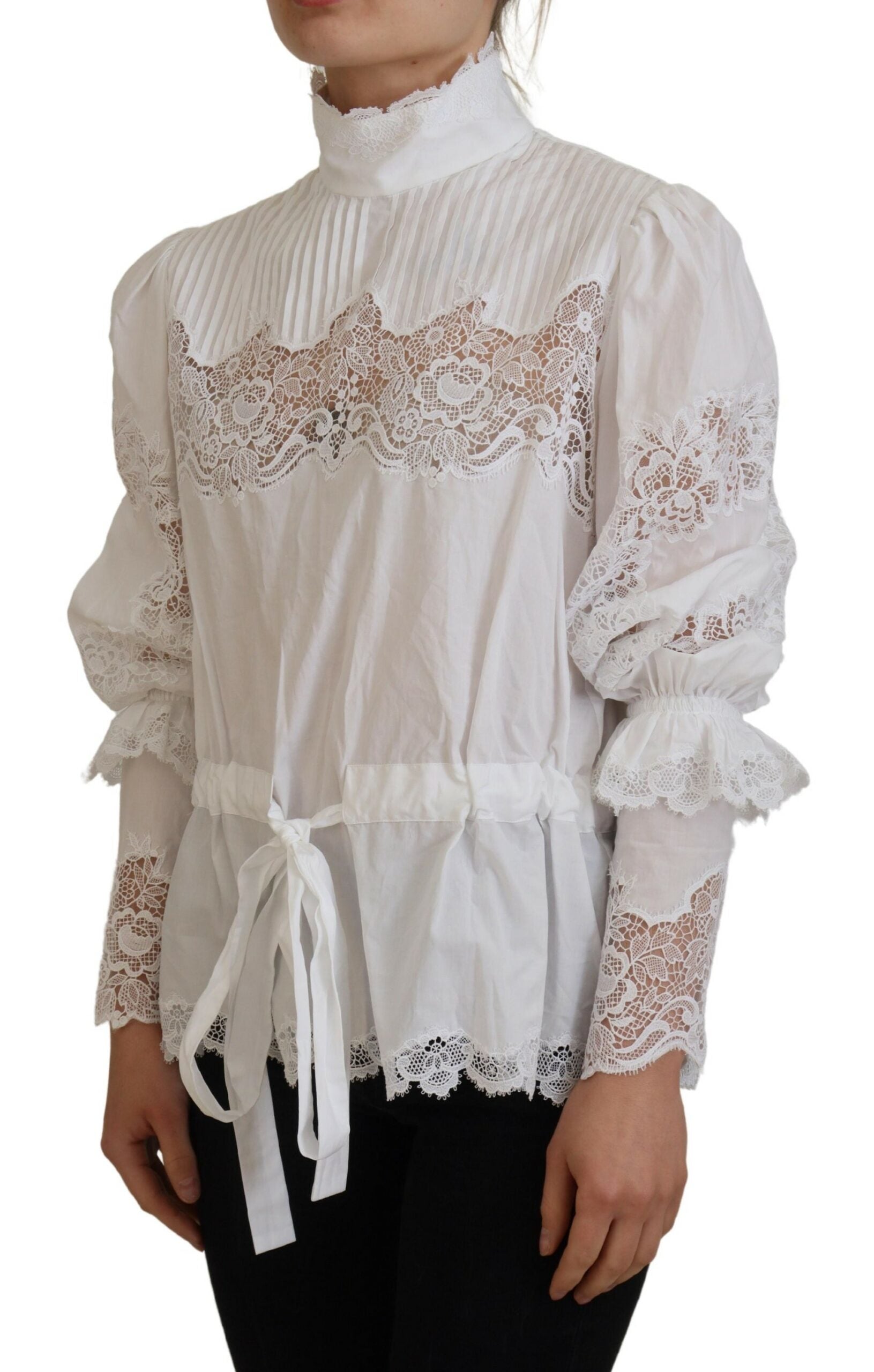 Dolce & Gabbana White cotton roll neck blouse with lace trim-2