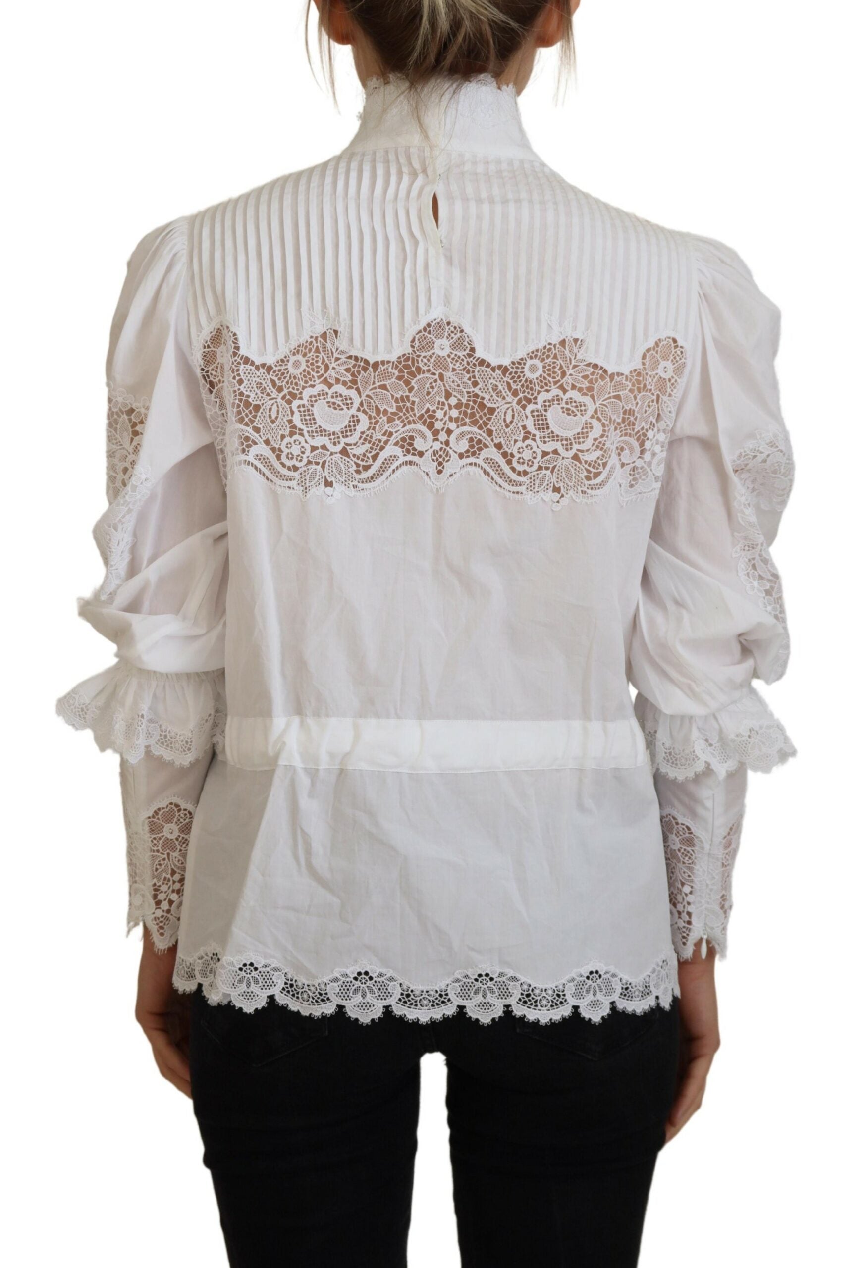 Dolce & Gabbana White cotton roll neck blouse with lace trim-3