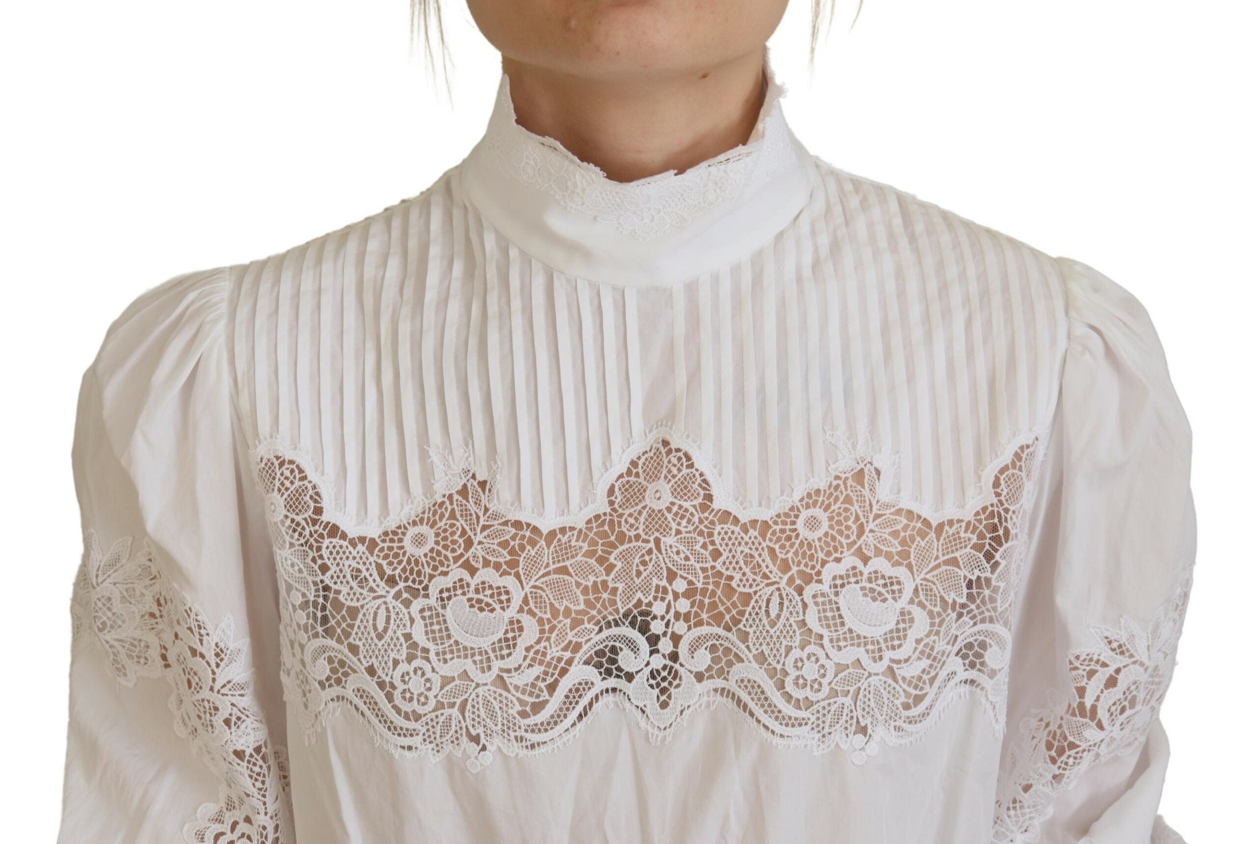 Dolce & Gabbana White cotton roll neck blouse with lace trim-4