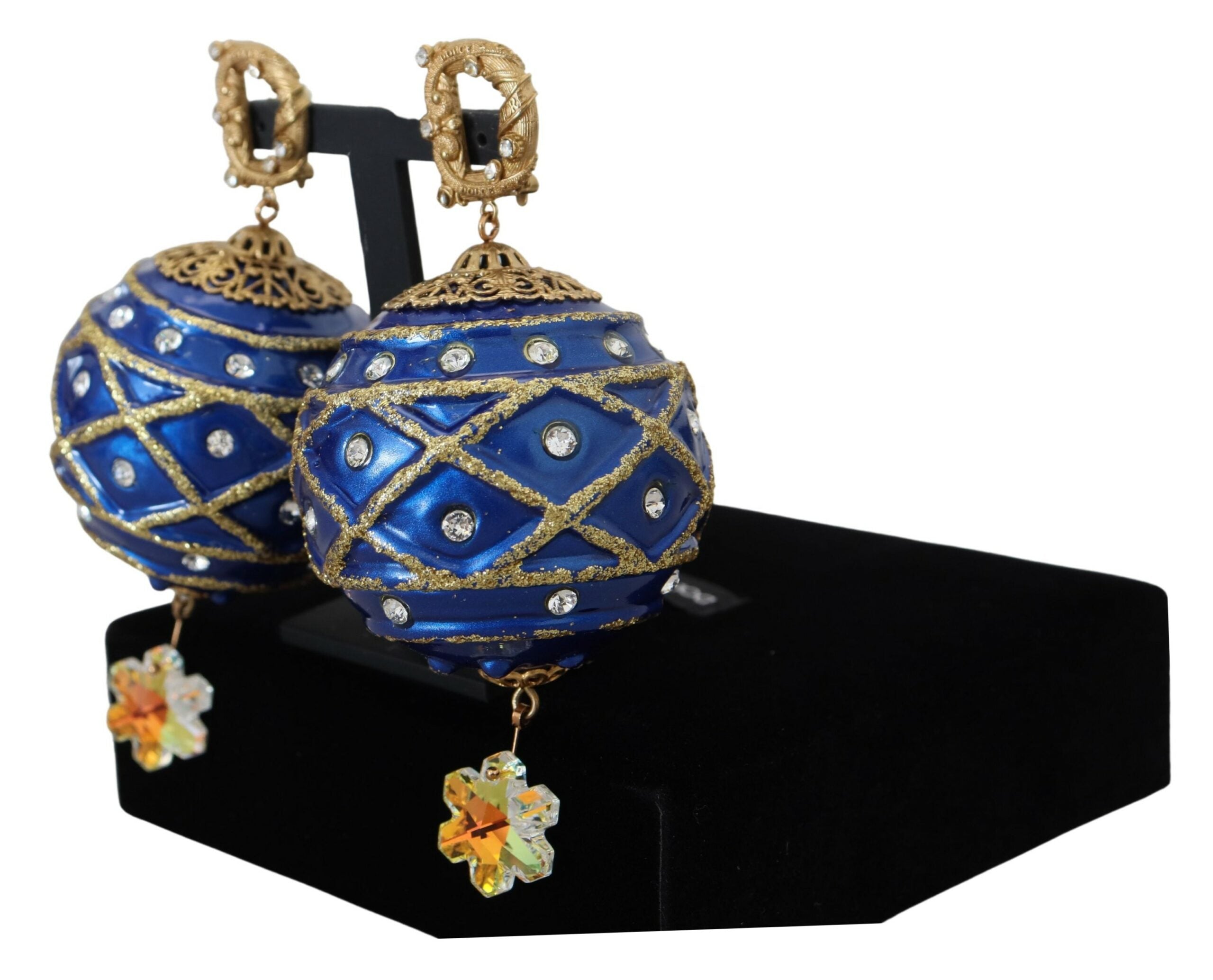 Dolce & Gabbana Gold Brass Blue Dangle Ball Crystal Clip On Earrings-2