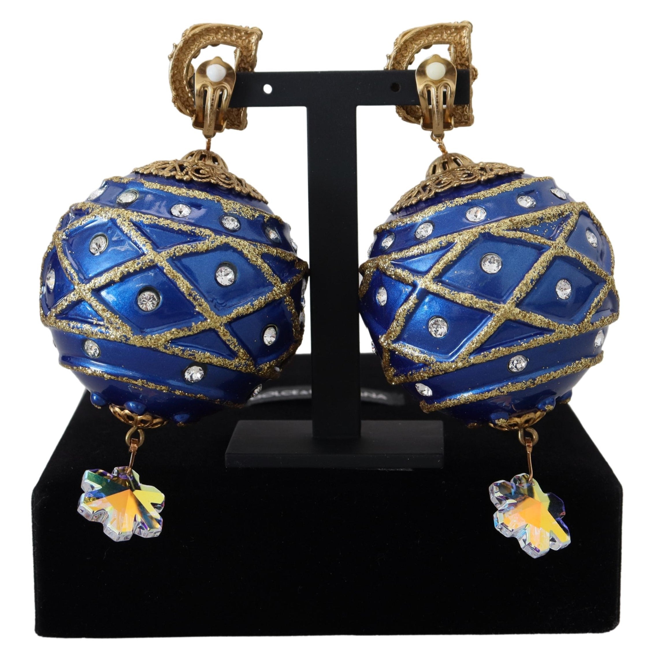 Dolce & Gabbana Gold Brass Blue Dangle Ball Crystal Clip On Earrings-3