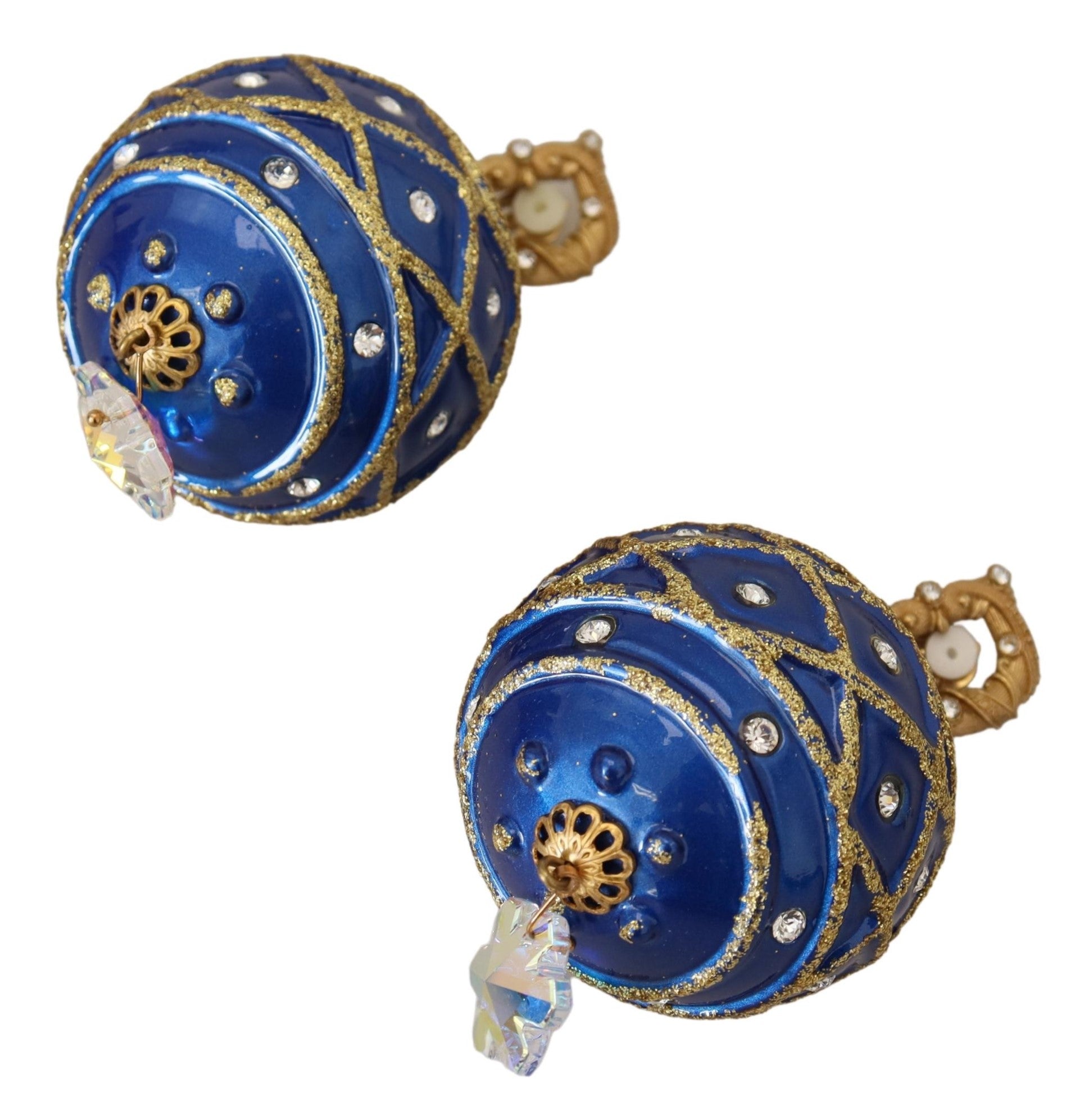 Dolce & Gabbana Gold Brass Blue Dangle Ball Crystal Clip On Earrings-4