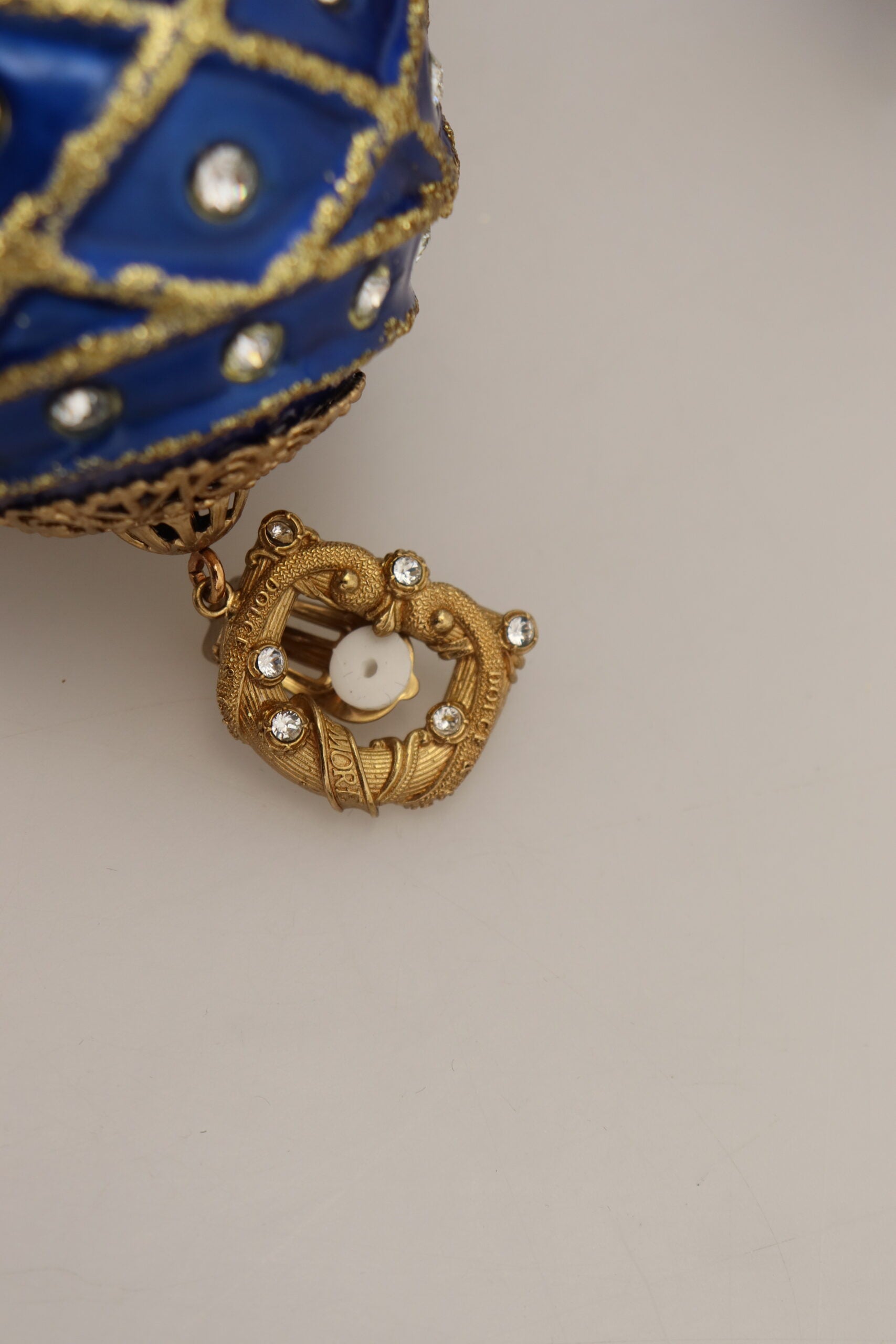 Dolce & Gabbana Gold Brass Blue Dangle Ball Crystal Clip On Earrings-6