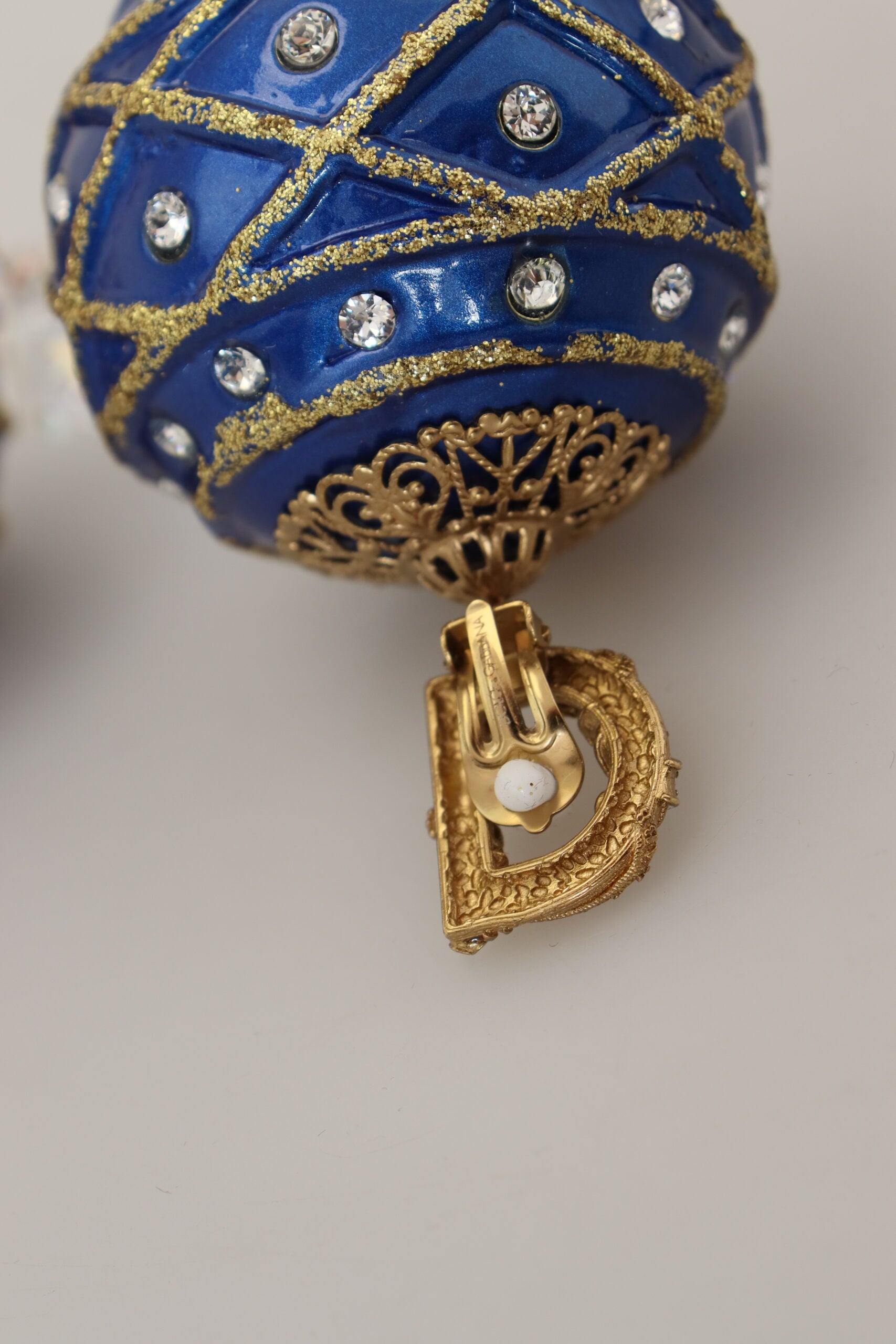 Dolce & Gabbana Gold Brass Blue Dangle Ball Crystal Clip On Earrings-7