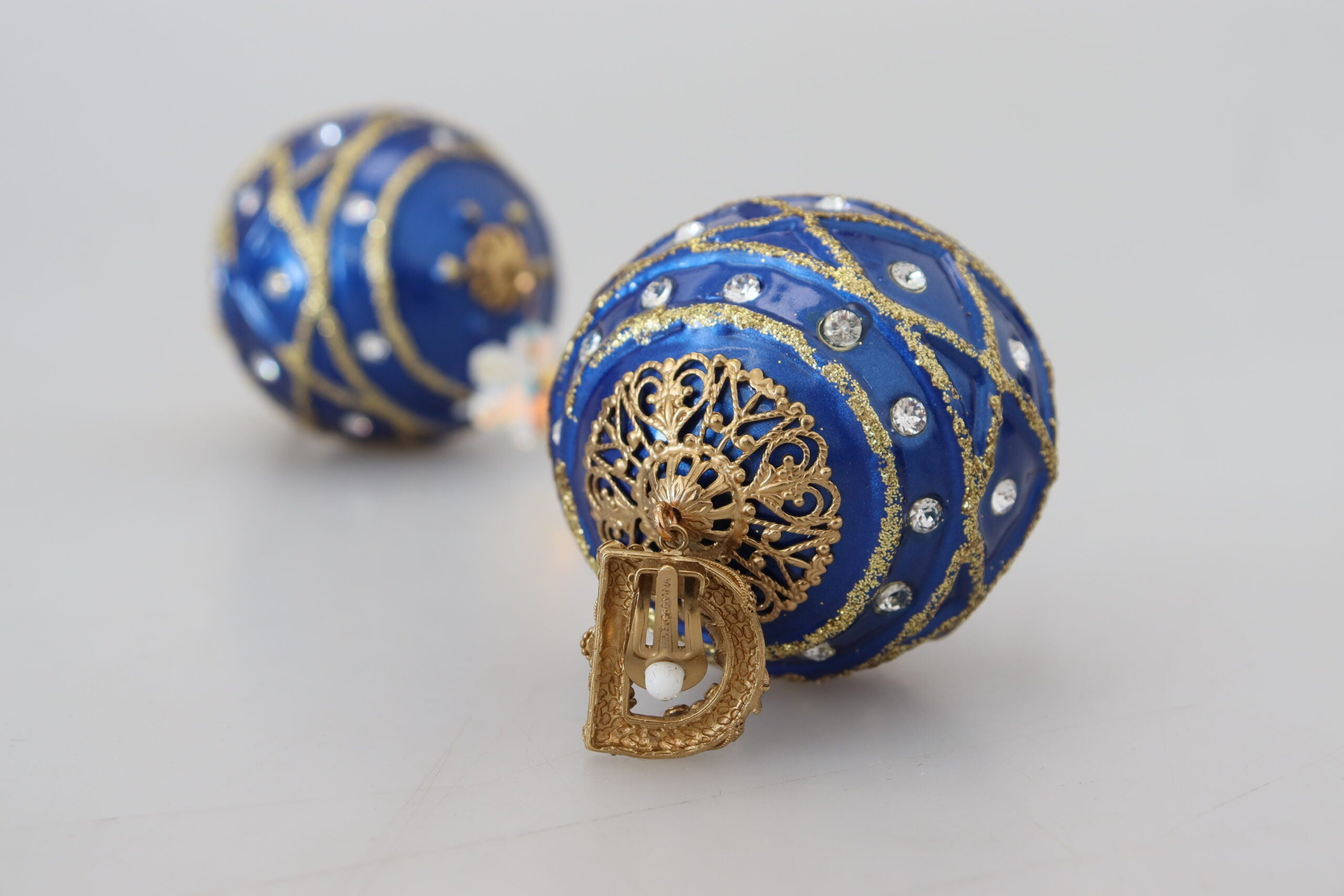 Dolce & Gabbana Gold Brass Blue Dangle Ball Crystal Clip On Earrings-8